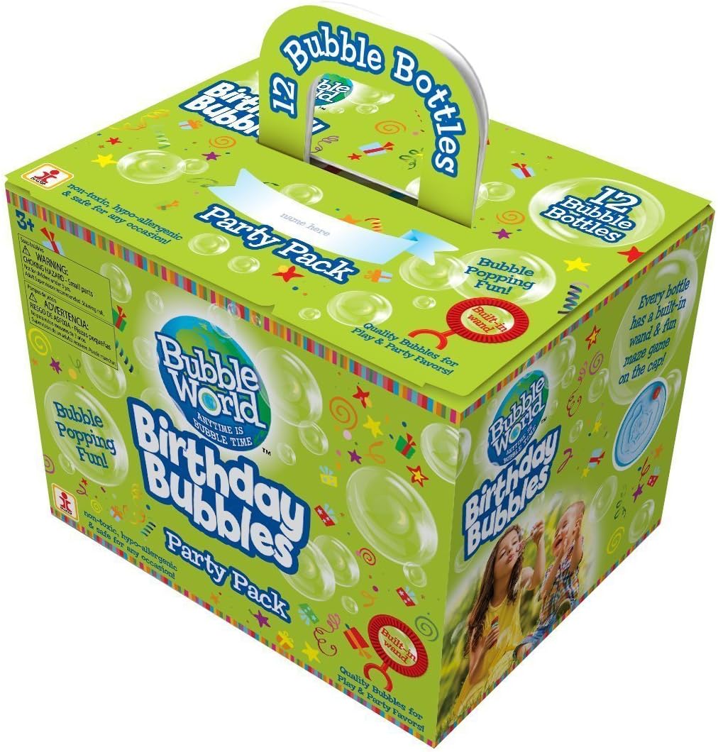Bubble World Fun Birthday Bubbles (12 Pack) Bubbles for Kids โ Non-Toxic Bubbles with Built-in Wand for Mess-Free Play!