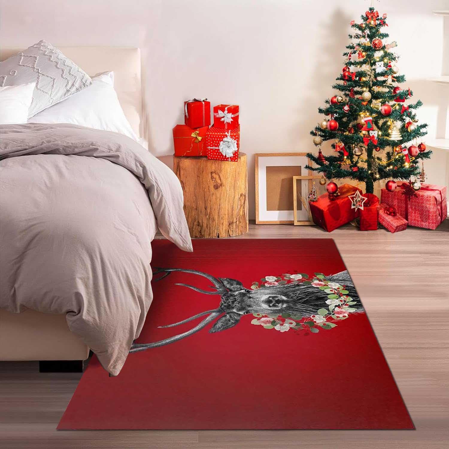 Alfombra de Navidad con Patrón de Alce, Grande Alfombras Lavables Salon de Navidad, Alfombras Comedor Decorativa, Alfombra Antideslizante Cocina Navideño, Alfombra Roja de Navidad,140x200cm