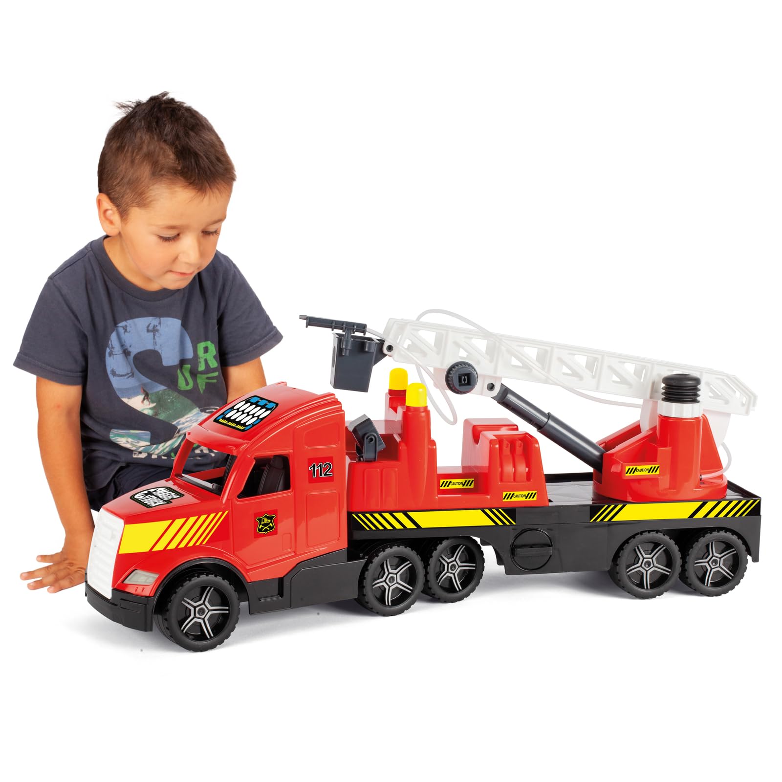 Wader 36221 - Magic Truck Feuerwehr mit ausziehbarer Leiter, Wasserspritze und leuchtenden Scheinwerfern, Größe ca. 79 cm, für Kinder ab 3 Jahren, Geschenk für kreatives Spielen