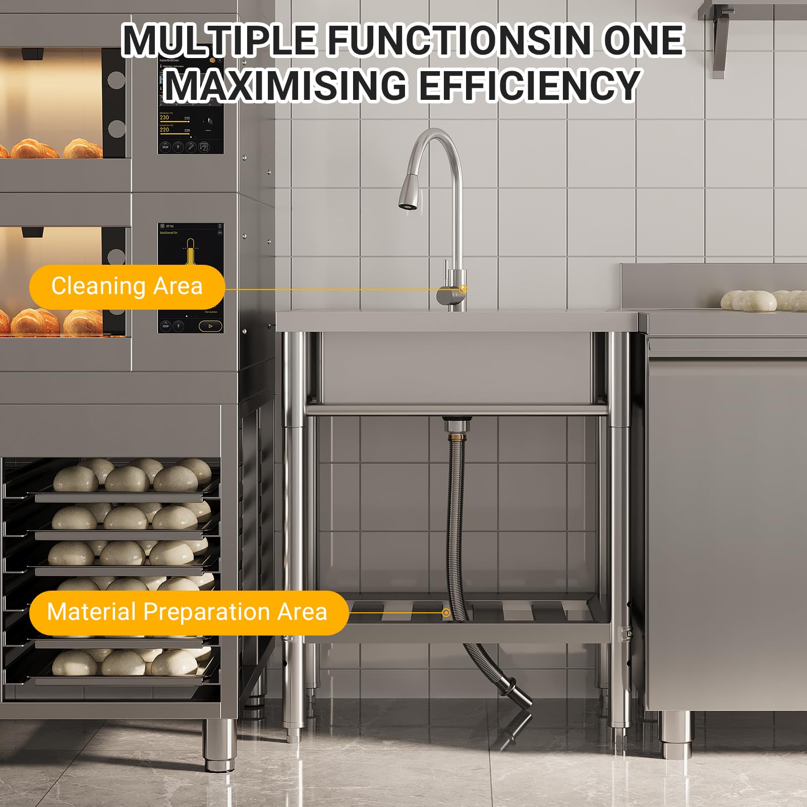 Garvee Évier Cuisine 1 Bac avec Établi, Évier Cuisine Acier Inoxydable sur Pied, Cuve avec Chaud/Froid Robinet, Égouttoir pour Cuisine, Restaurant, Garage, Buanderie (72 * 51 * 87 cm)