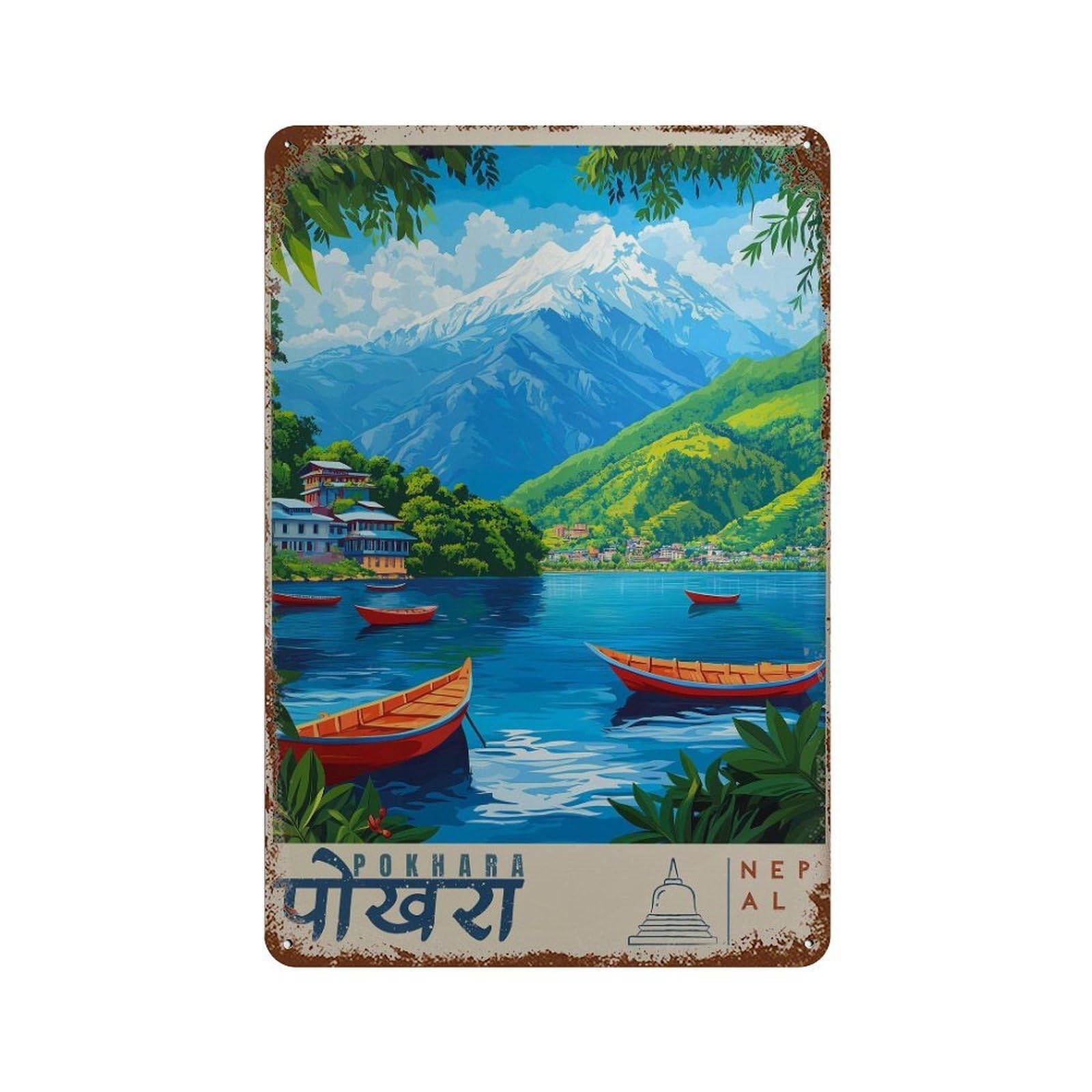 xiaoxiaoshen Pokhara Nepal Travel Annapurna & Phewa Lake in Nepali Wall Decor Art Metal Tin Poster Modern Home Decor Art Home Bar Shop Decorations Vintage Sign 30x20cm