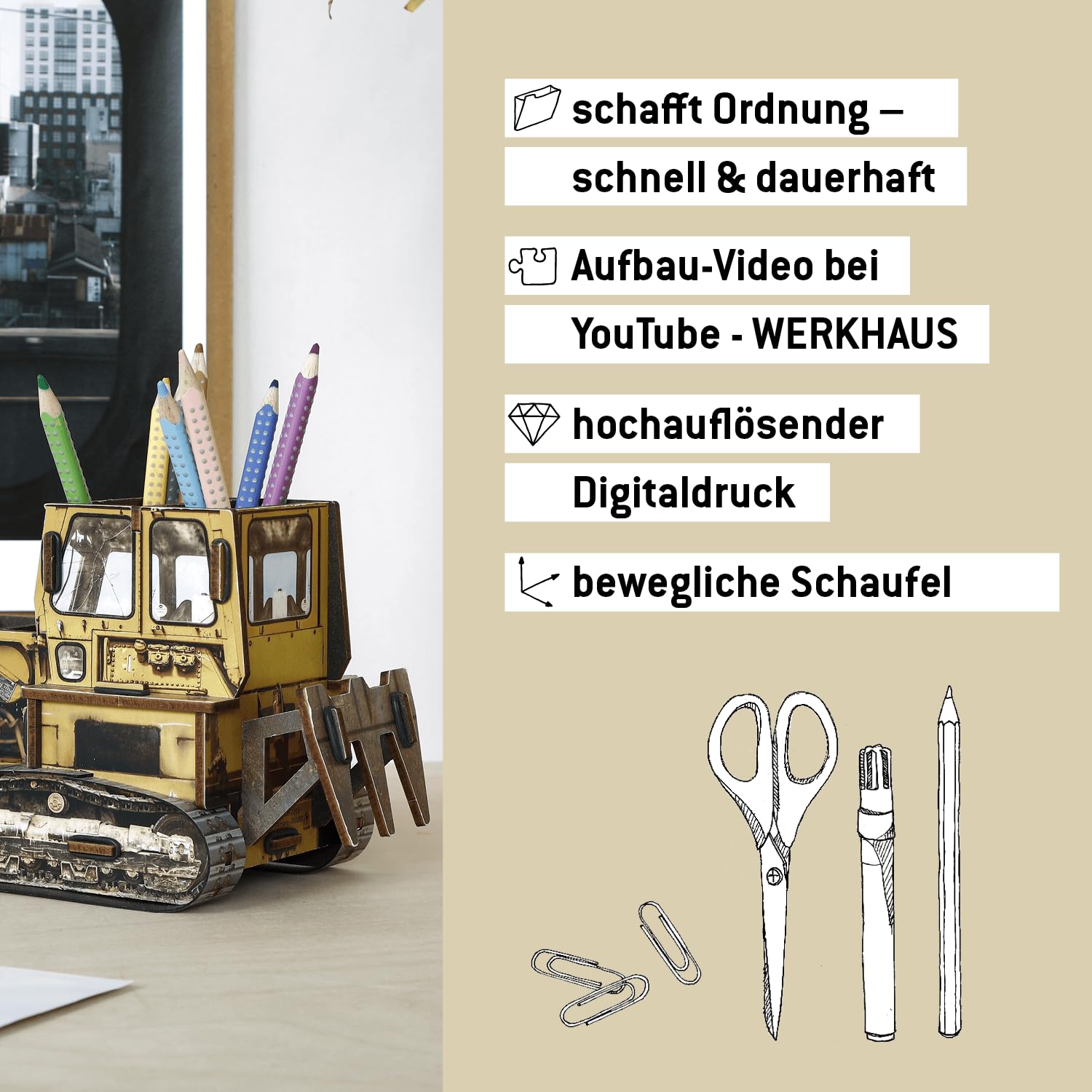 Werkhaus WE 2057 Stiftebox Raupe – dekorativer Schreibtisch Organizer mit 5 Fächern aus Holzwerkstoff, Stiftehalter für Büro Schule Homeoffice - Made in Germany