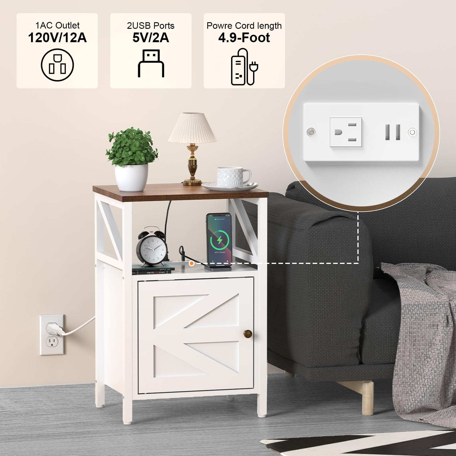 Mesa auxiliar de granja con estación de carga, puertos USB de 3 niveles y mesa auxiliar, mesa auxiliar compacta para espacios pequeños, mesa decorativa multifuncional para dormitorio, sala de estar 3