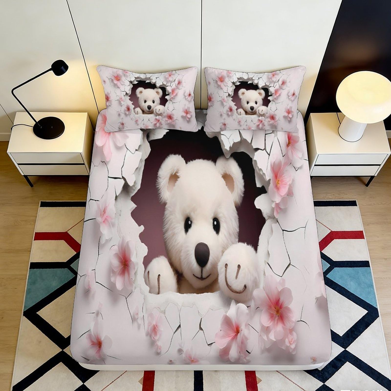 Decorative 3D Printed teddy bear Fitted Sheet with pink floral Microfiber soft touch for apartment bedding, wrinkle resistant, easy to remove, bedroom accent, dustproof 90x200x25cm