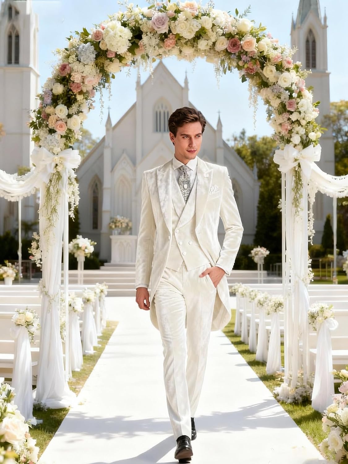 Mens Velvet Tuxedo Tailcoat Suit Set Slim Fit 3 Piece Long Tail Suits for Men Wedding Casual Prom Concert