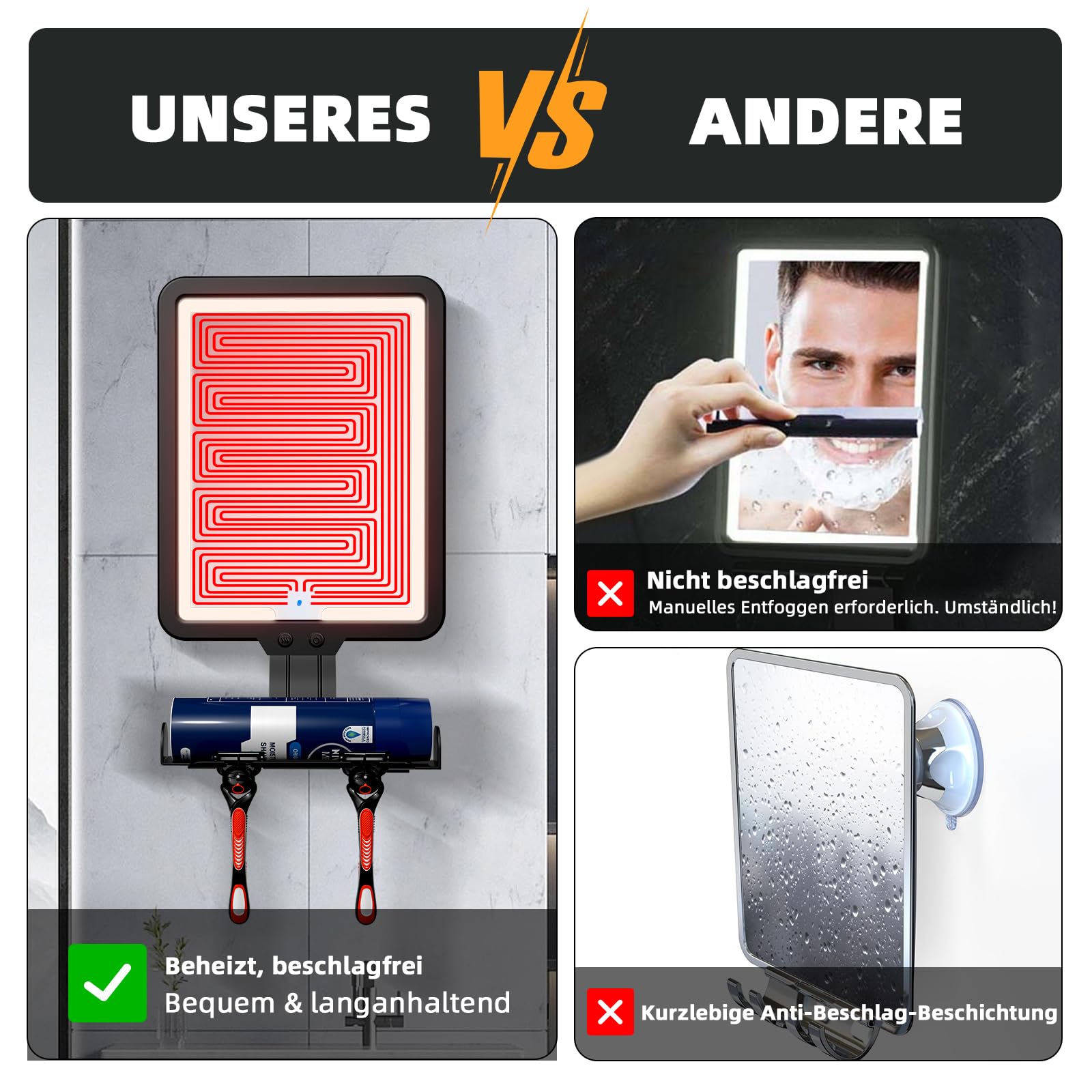 Rasierspiegel Beschlagfreier Duschspiegel mit Licht, groß 23 * 17,5cm Beheizter AntiBeschlag Dusch-Rasierspiegel 3 Farbmodi dimmbares Licht, mit Ablagefach & Rasierklingenhalterung