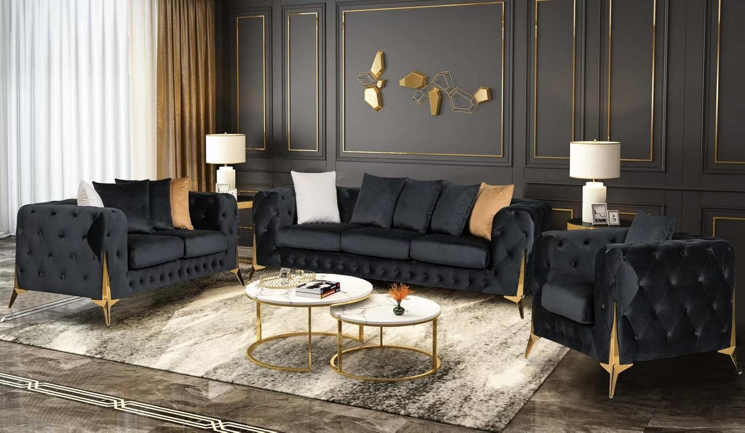 Matrix Luxury Chesterfield Sofa Black 3+2+1 Seater Plush Fabric Sofa