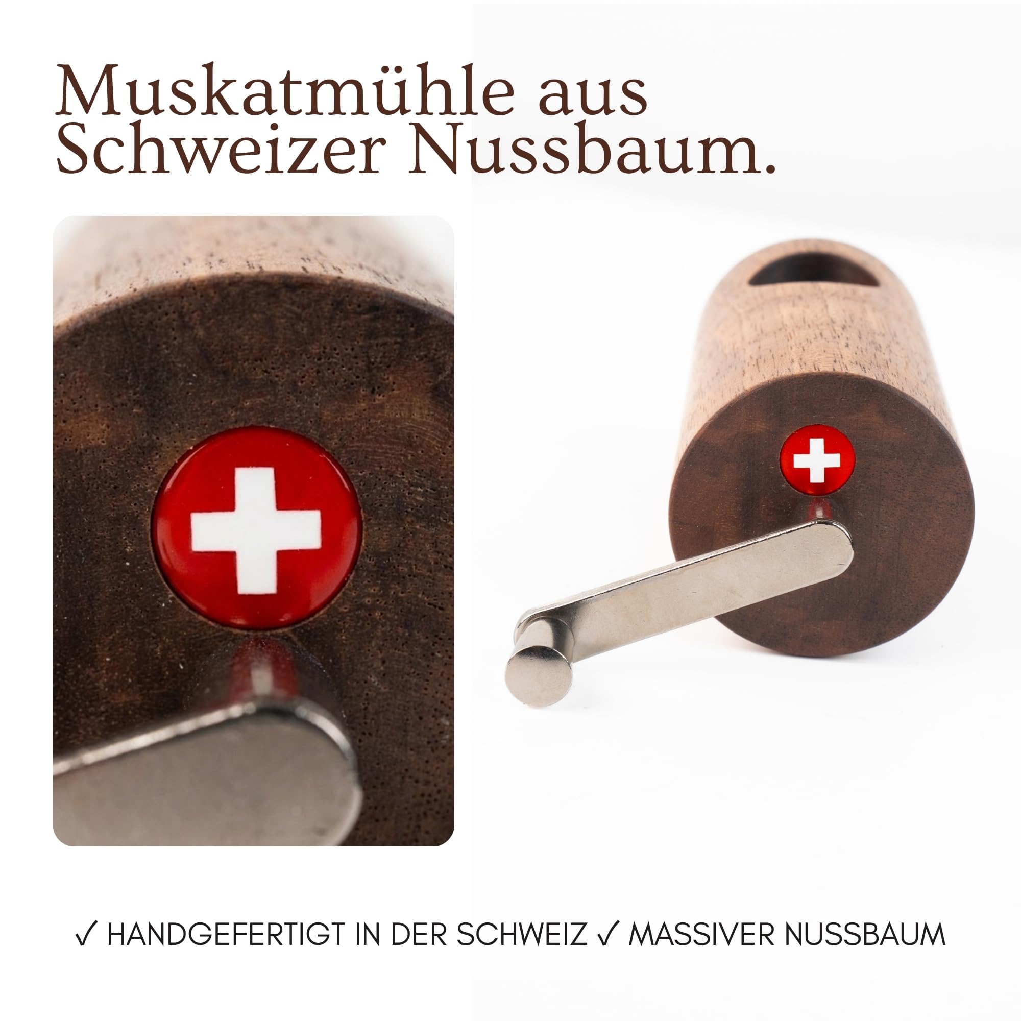 PAVLOVA'S Muskatmühle aus Walnussholz - Handgefertigt in der Schweiz mit Präzisionsmahlwerk - Manuelle Muskatnussmühle für feines Mahlen - Geschenkbox - Limited Edition