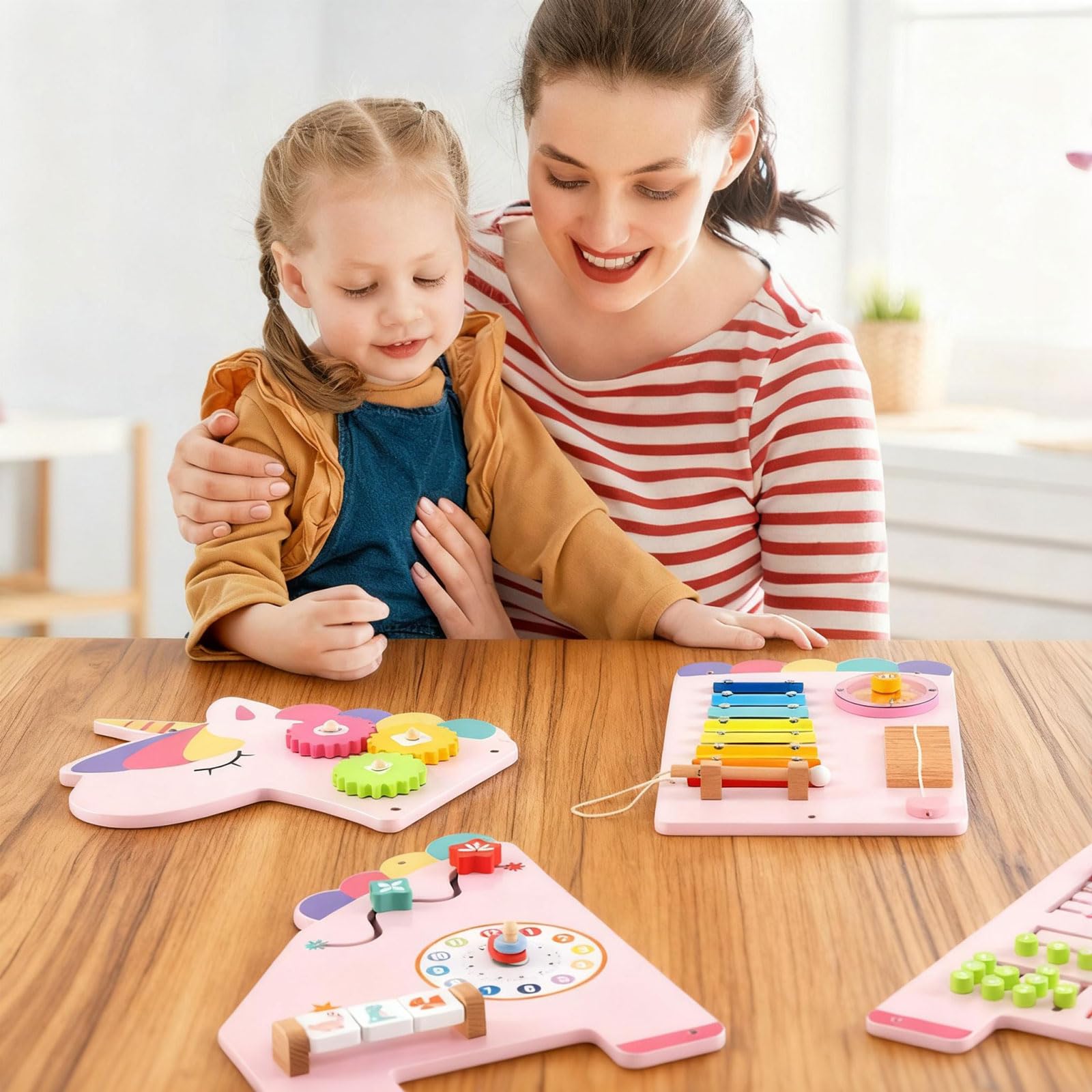 COSTWAY Montessori Busy Board, drewniana deska motoryczna 11 w 1 z ksylofonem, bloki, zegar, liczydło i części obrotowe, motoryka, zabawka Montessori, zabawka motoryczna dla dzieci od 1 roku życia