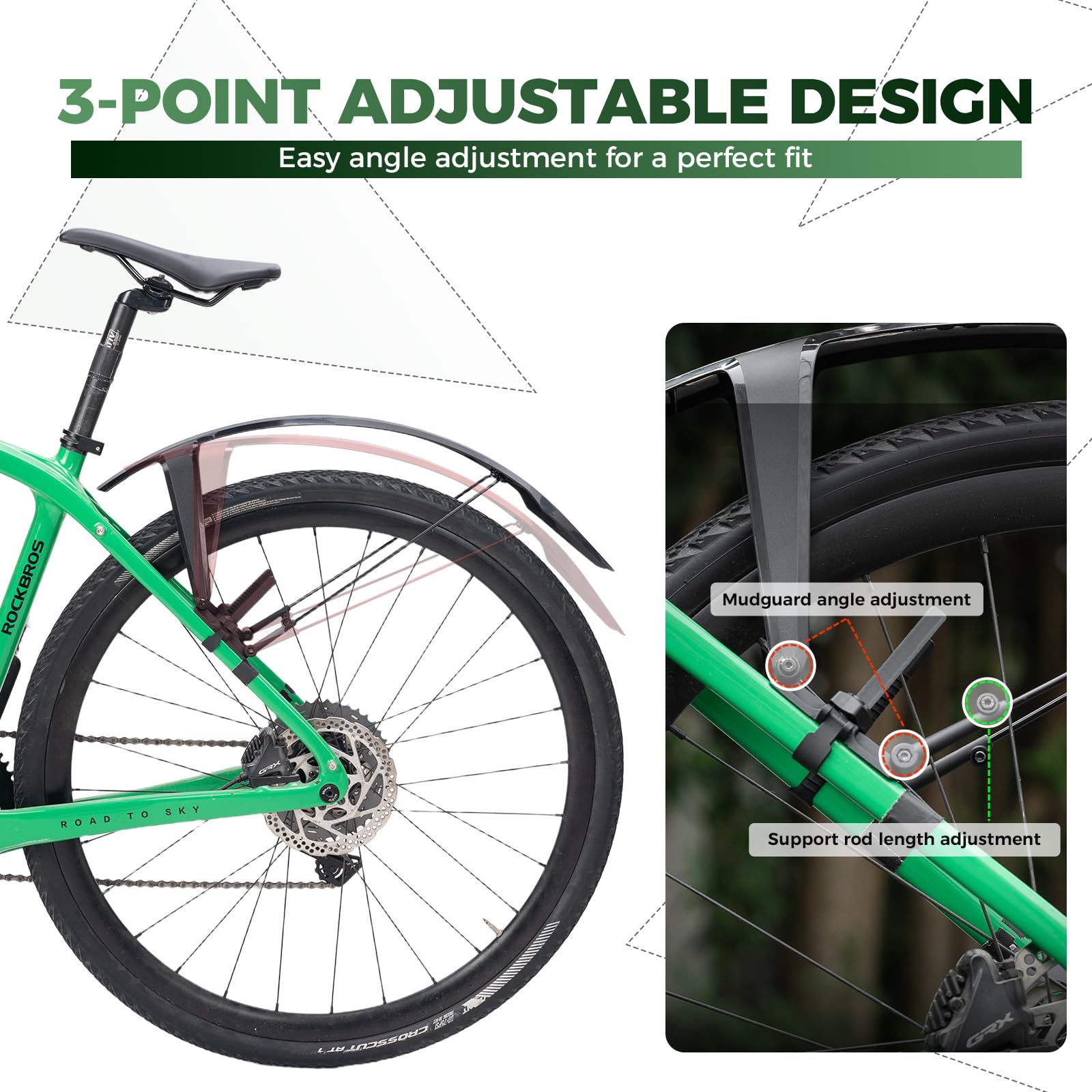 ROCKBROS Set de Garde-Boues Vélo, Protection Prolongée Ajustable, PP Robuste, Multi-Angle, Montage Rapide pour Vélo Route 700C, Gravel, Trekking et VTT 26–27,5 Pouces