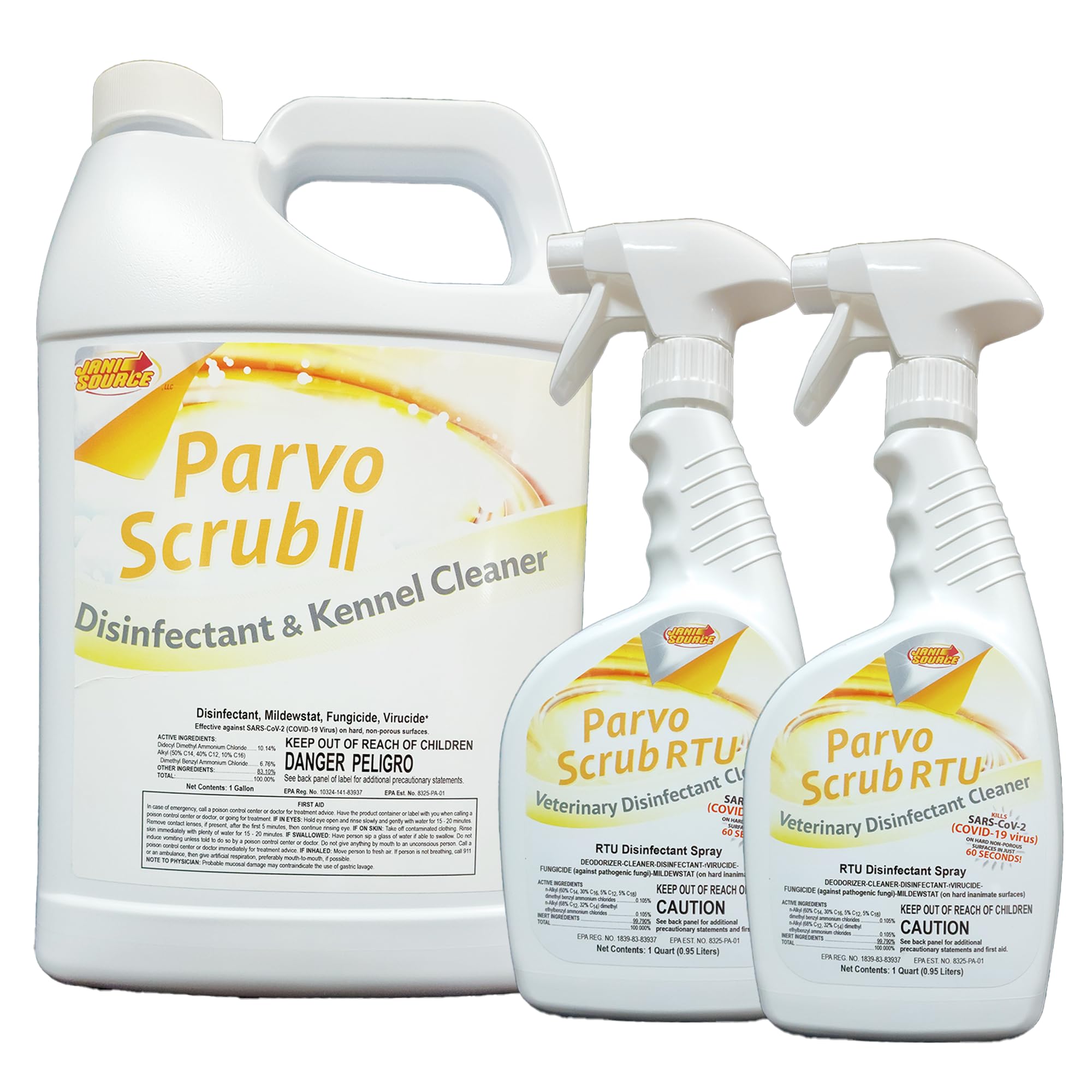 Jani-Source ParvoScrub Veterinary & Kennel Disinfectant, Cleaner, & Deodorizer Bundle (1 Concentrated Gallon and 2-32 Ounce Bottles)