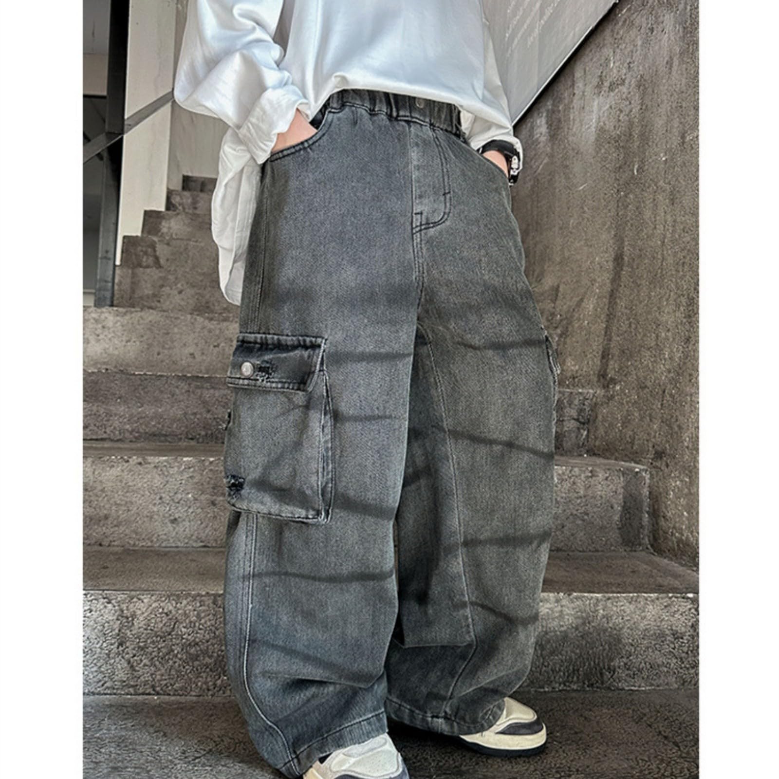 Pantalones Vaqueros de Niño, Pantalones Cargo con Cintura Elástica Corte Regular para Niños de 4 a 12 Años