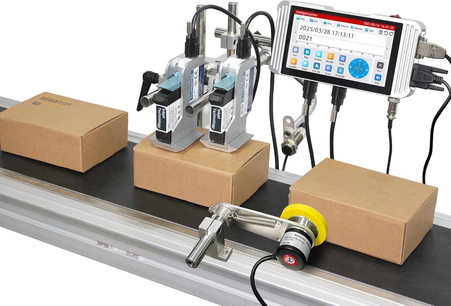 Phezer Automatic Online Inkjet Coding Machine with two print heads on a conveyor belt