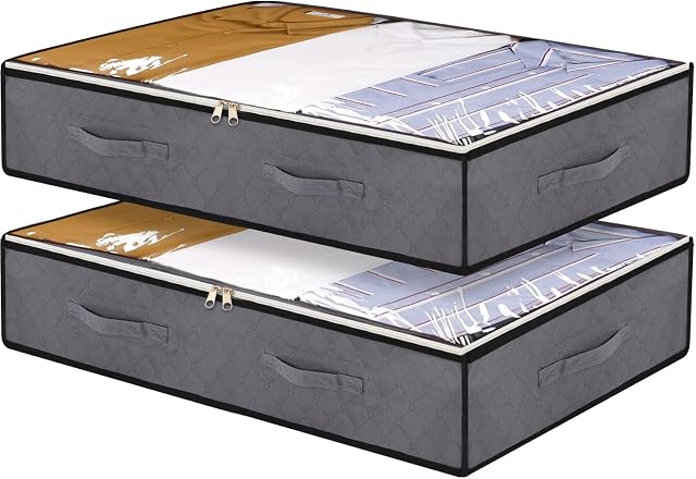 WENYA 2 Pack 100L Underbed Storage Bags with Lids, Large Capacity Non-Woven Foldable Clothes Storage with Zipper and Clear Window for Blankets and Bedding