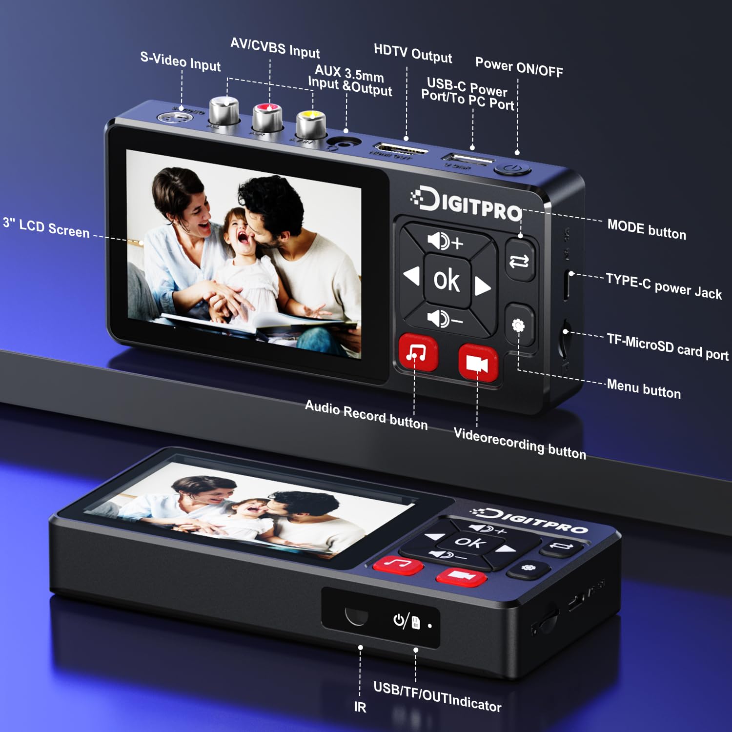 VHS to Digital Converter, HD VHS Digitalisieren Videorecorder mit Remote, VHS Video Grabber Compatible with Mini DV, DVD Player, Blu Ray Player, Hi8, Camcorder, Kassette Tape, Gaming Consoles