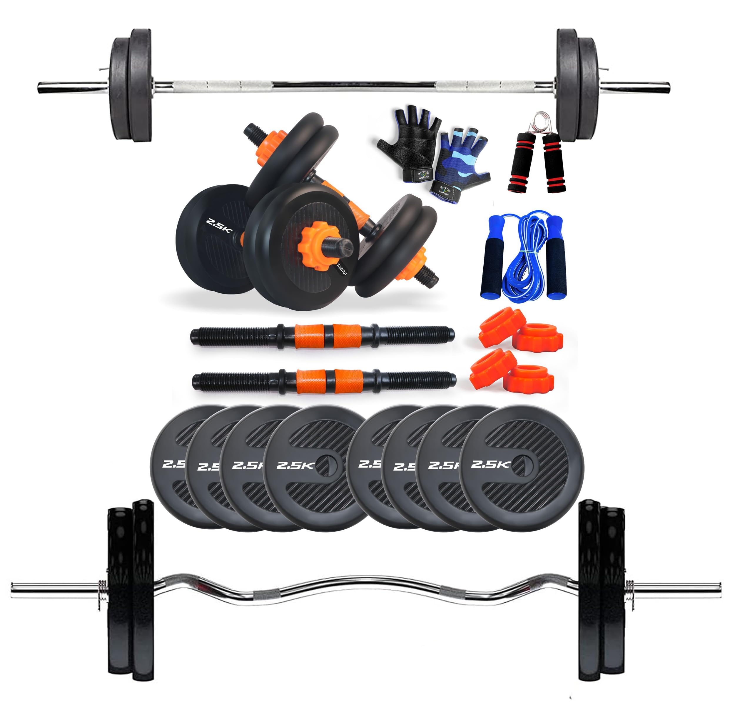 WATSON Premium Home Gym Set for Men & Women, Home Gym Combo with Rubber Weight Plates, 25mm 3Ft Curl bar, 3Ft Straight Bar, Hard PVC Dumbbell Rods, Gripper, Skipping Rope & Gym Gloves (20 KG Combo)