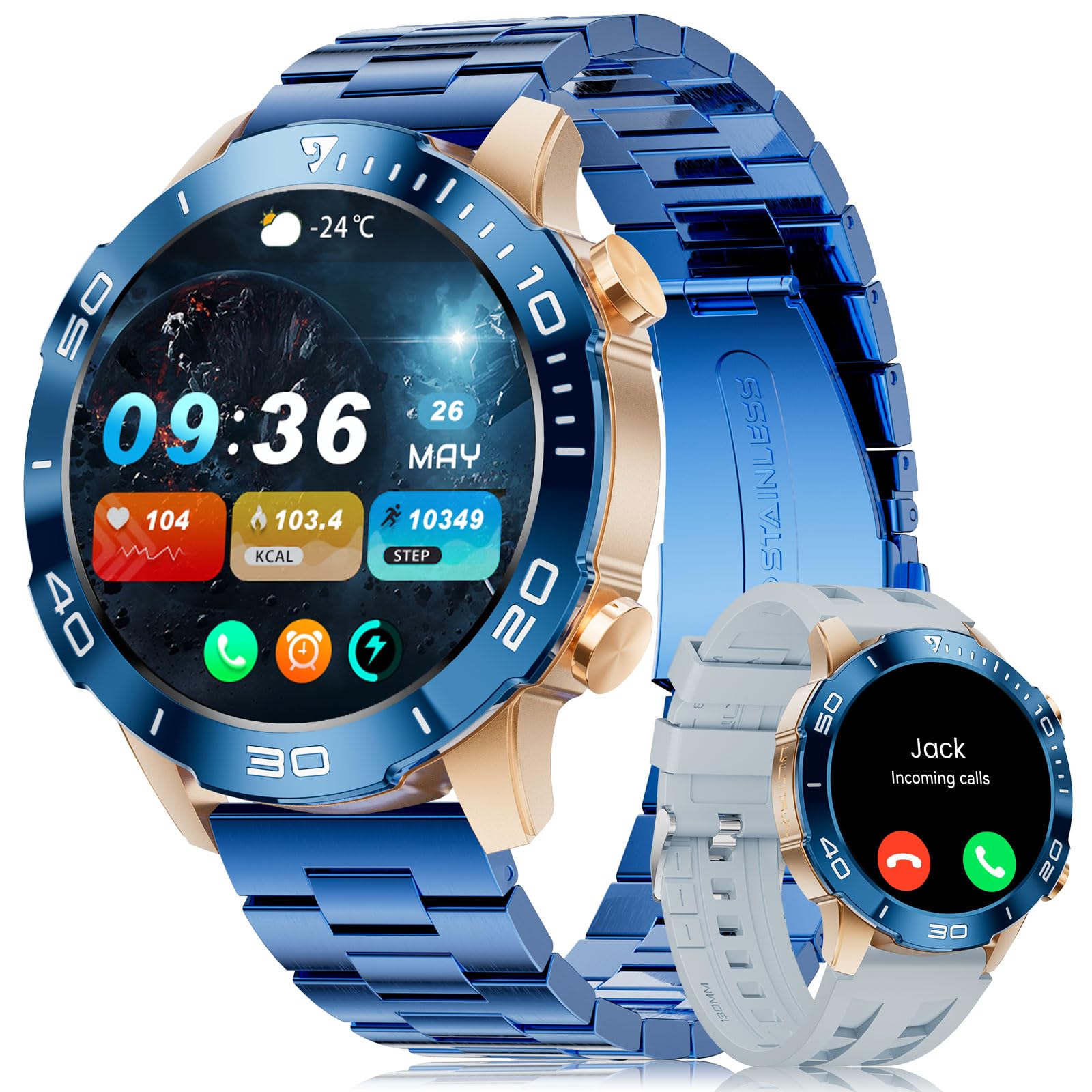 BENYAR SMART Smartwatch Herren mit Telefonfunktion, 1.43'' AMOLED Touchscreen, Fitnessuhr mit 100+ Sportmodi, Herz-/Schlaftracking, Stress, Calorie, IP68 Wasserdicht, Sportuhr für iOS/Android, Blau