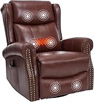 PELUMY Genuine Leather 360° Swivel Glider Rocking Recliner with Heat & 8-Point Massage - Burgundy Brown Lounge Chair