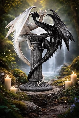 Miniatura 3 de ICE Armor Estatua medieval de dragones blancos y negros de 19.5 pulgadas de alto, escultura grande, dragones gemelos en columna en blanco y negro,