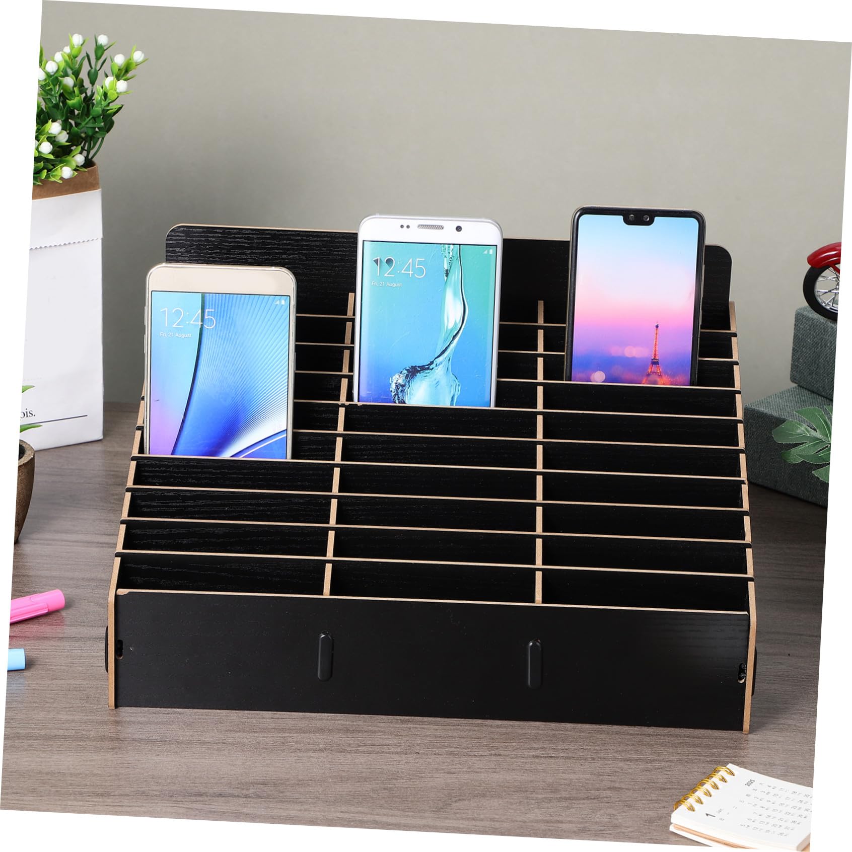 Caja Organizadora para Almacenamiento Temporal de Madera Negra Múltiples Rejillas de Teléfonos Móviles en Aulas y Salas de Estudio