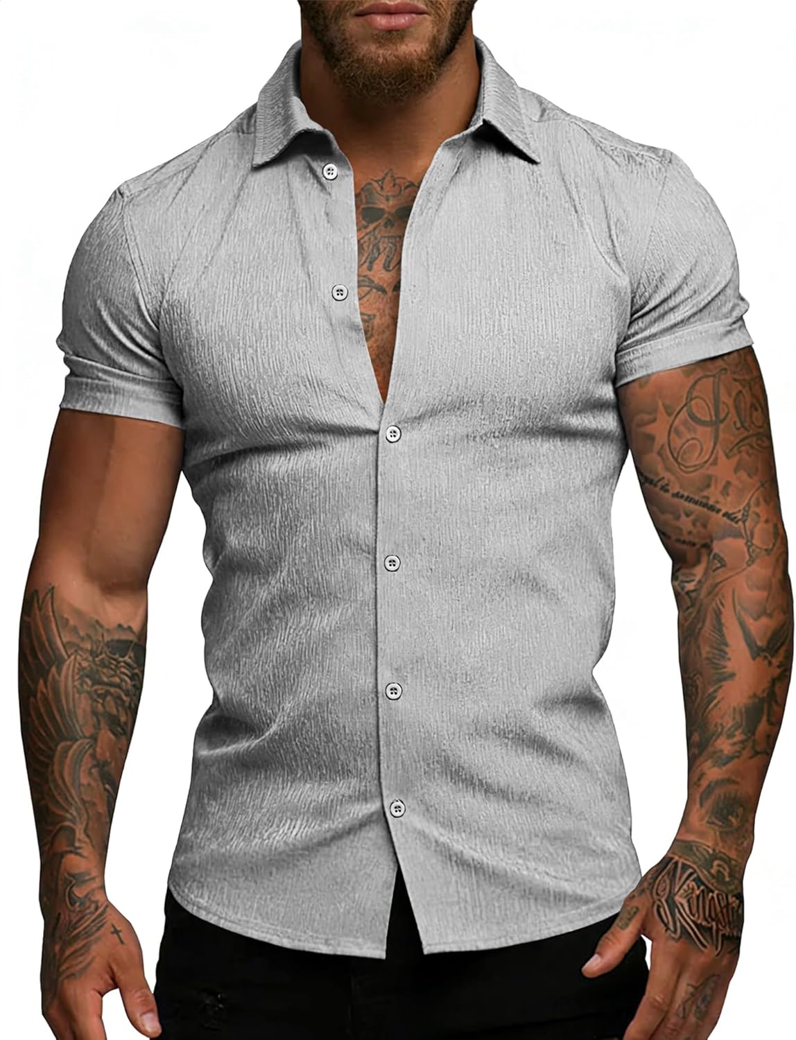 URRU Men's Muscle Dress Shirt Short Sleeve Casual Stretch Wrinkle-Free Button Down Textured Summer Beach Shirt