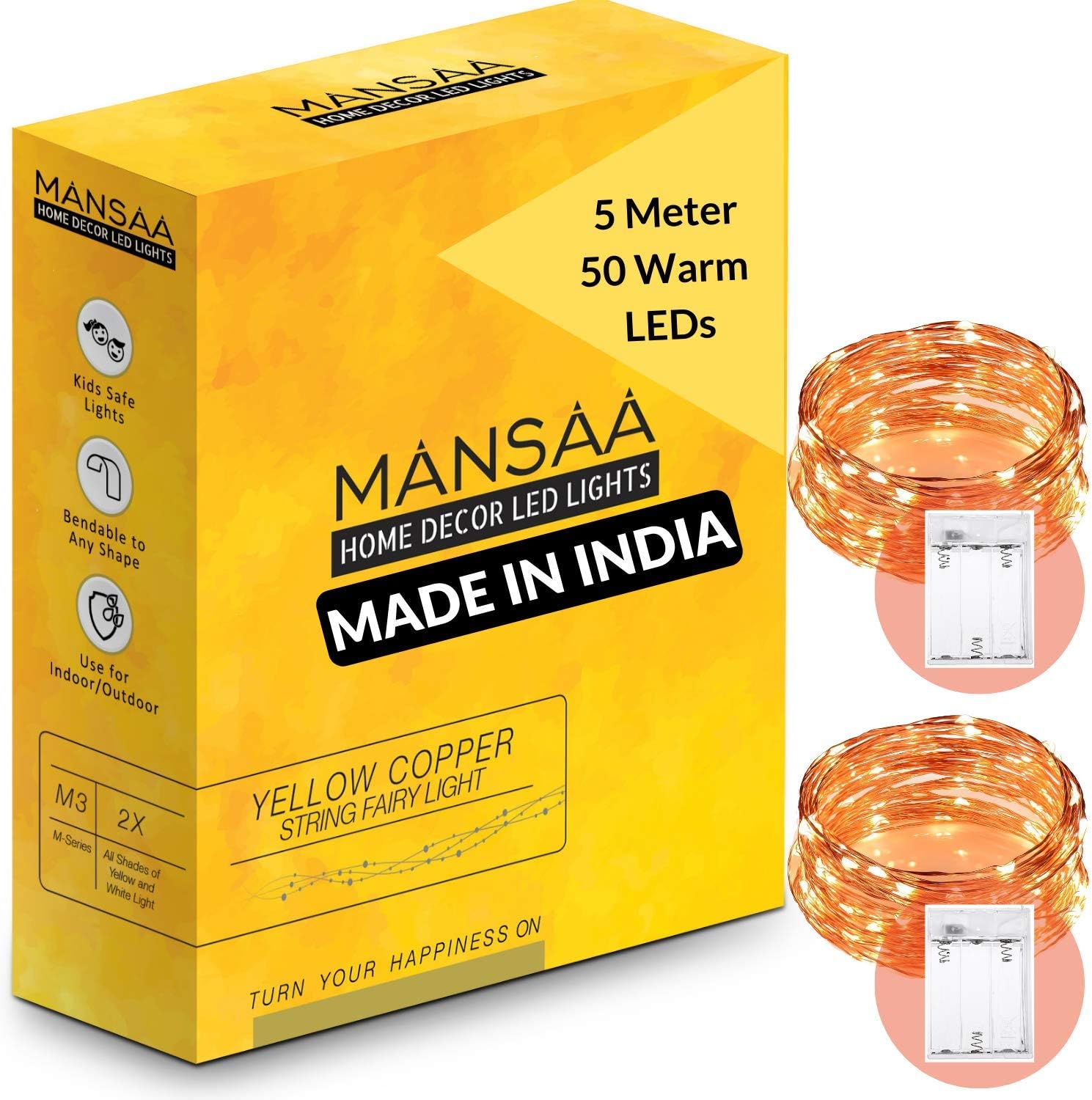 MANSAA M25 Battery Operated LED String Light | 5 Meter 50 LEDs | Yellow Color | Battery Led Lights | Home Decor | Pack of 2