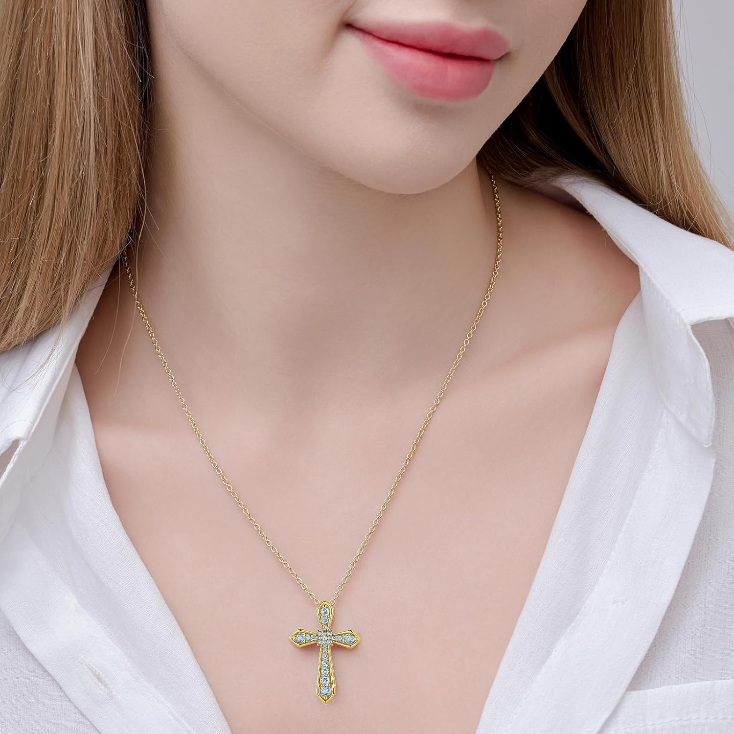 14K Gold Plated Cross Necklace for Women, Simple Diamond Necklace Faith Cross Jewelry Dainty Birthstone Pendant Necklaces First Communion Necklace Easter Present Christmas Gift Birthday Gift for Women