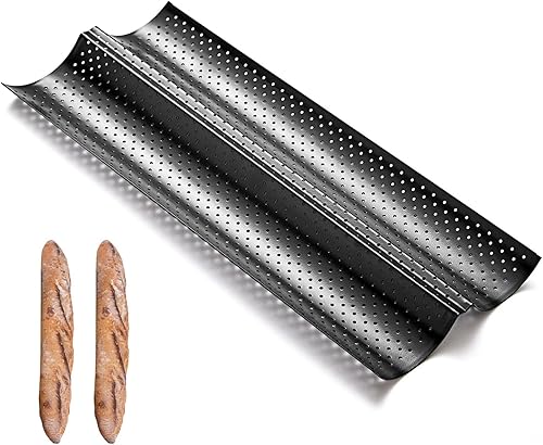 Miniatura 9 de KITESSENSU Moldes antiadherentes para baguettes para hornear pan francés, bandeja de panadería perforada para 4 baguettes, 15" x 13", plateado Plata