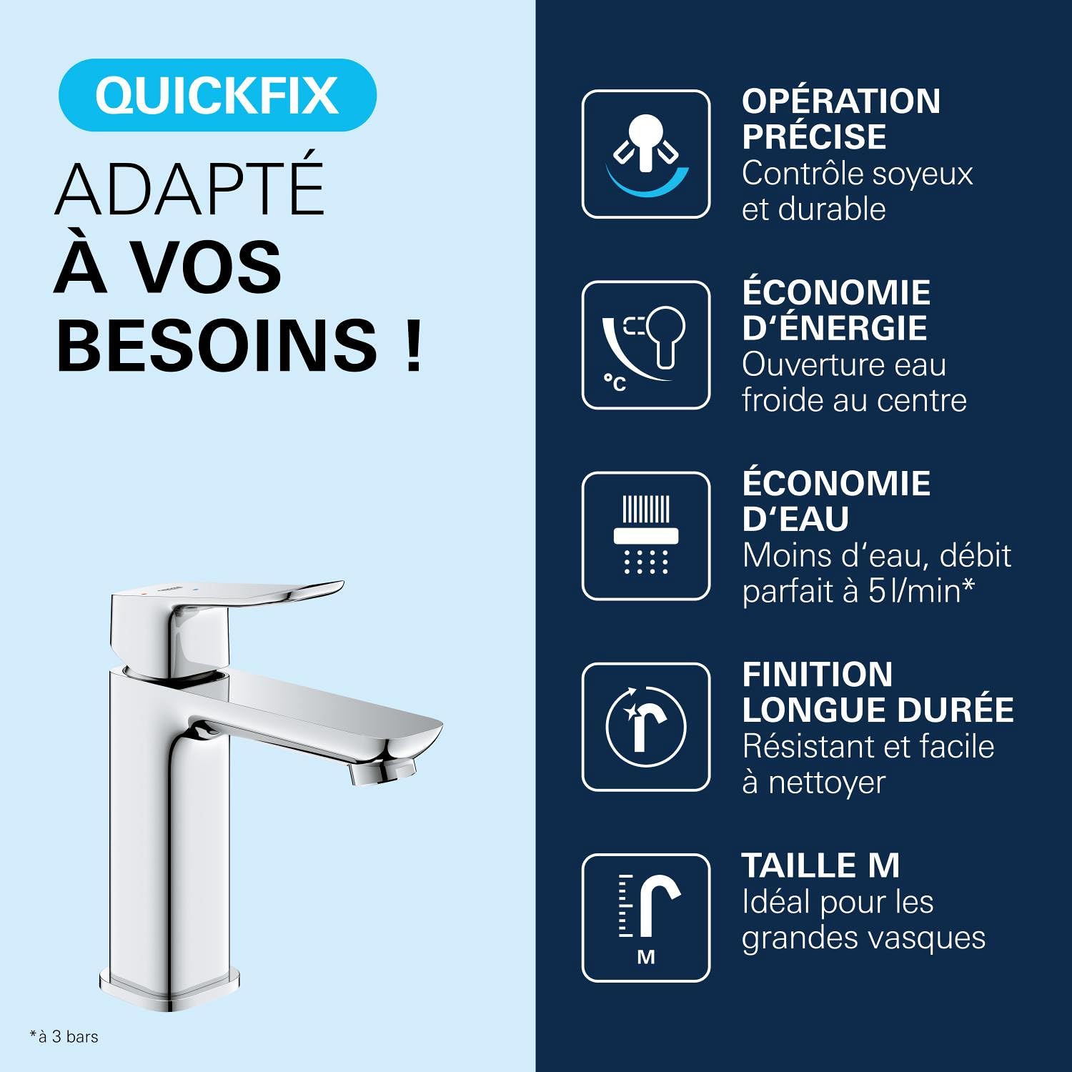 GROHE Dice Mitigeur monocommande Lavabo Taille M (Robinet pour Lavabo de Salle de bain, Avec bonde clic clac, facile à installer avec QuickTool inclus), Chrome, 1018360000
