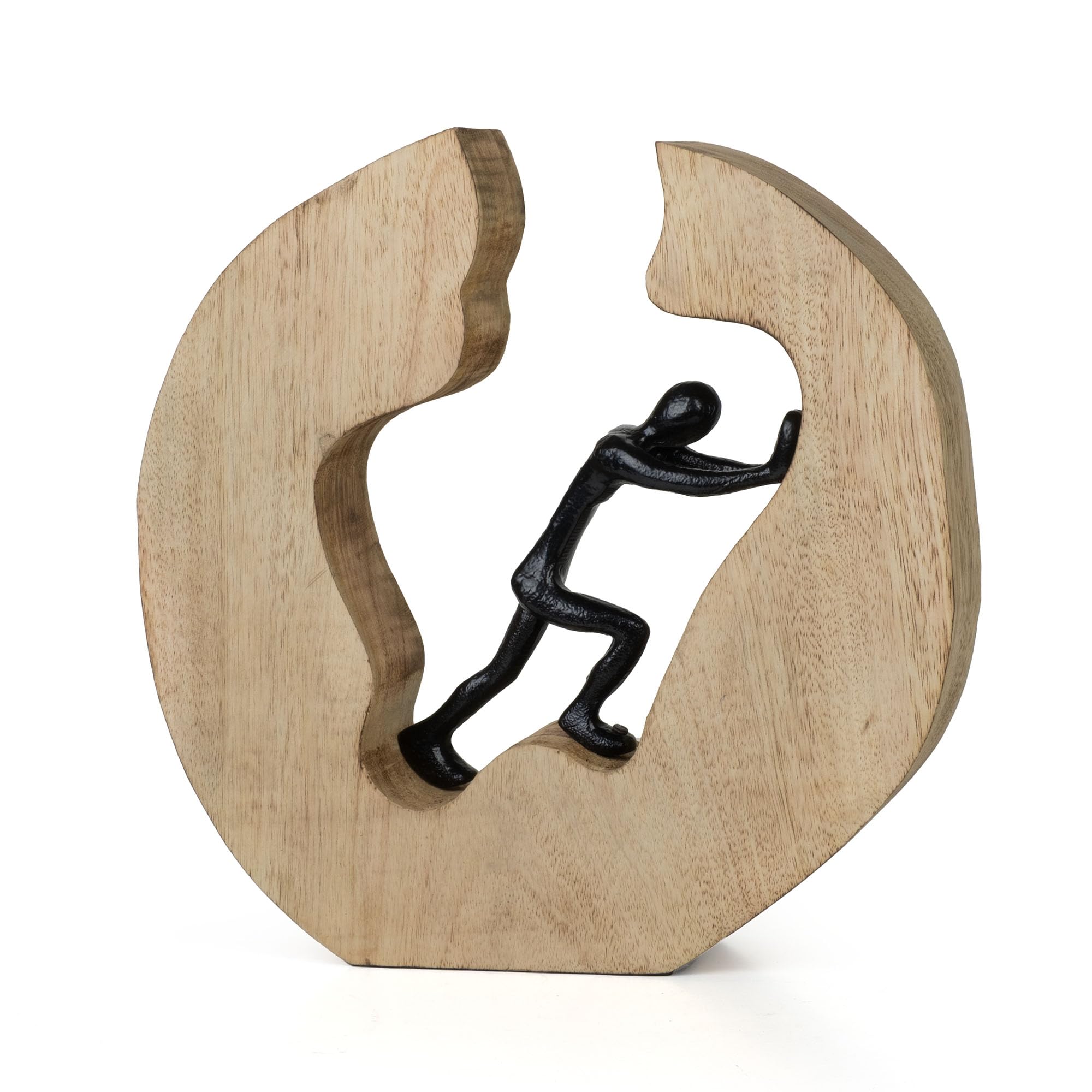 Moritz Figurka dekoracyjna Push & Work z drewna mango i aluminium, 28 cm, motywująca rzeźba symbol siły i wytrzymałości, dekoracja salonu, nowoczesna dekoracja na drewnianej podstawie, rękodzieło