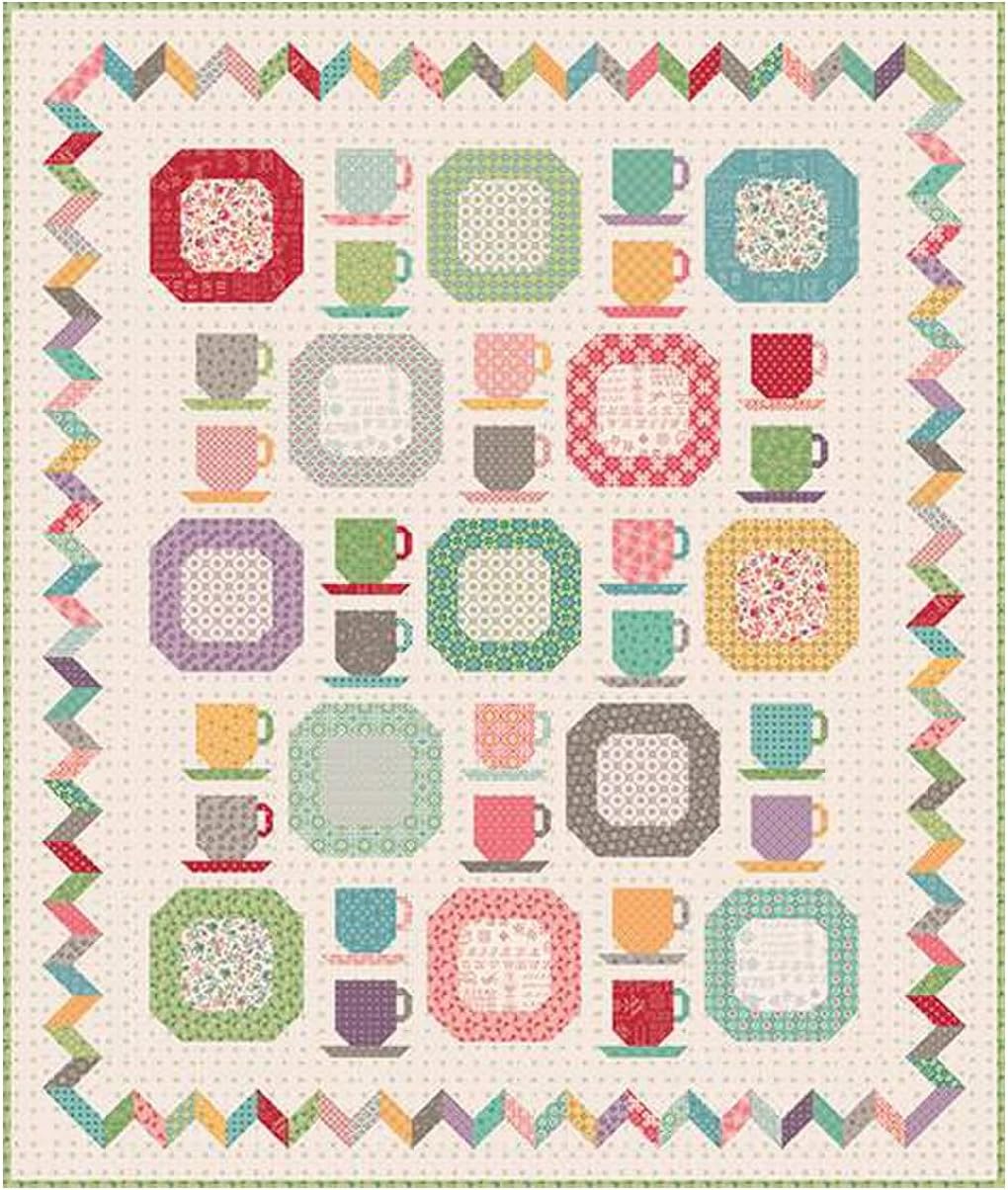 Lori Holt Vintage Dishes Quilt Pattern – Fat Quarter Friendly Mix & Match Plates, Cups & Saucers with Flying Geese Border – Finished Size 64.5'' x 76.5