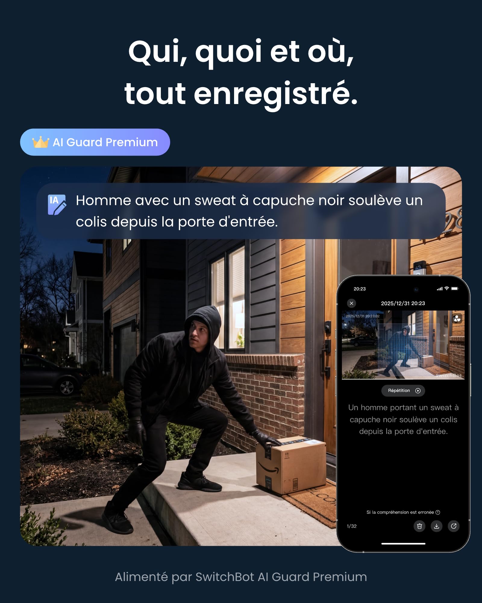 SwitchBot 3K Camera Surveillance WiFi Exterieure, avec Recherche Vidéo IA, Alertes De Scène, Rapports Quotidiens, PTZ Suivi Auto 360°, Wi-FI 2,4 Ghz, Alexa, Google Home, RTSP