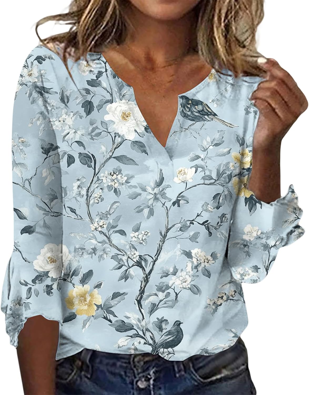 LOAIHA 3/4 Length Sleeve Womens Tops V Neck Floral Casual Bell Sleeve Tunic Shirt Bohemian Clothes Beach Boho Blouses