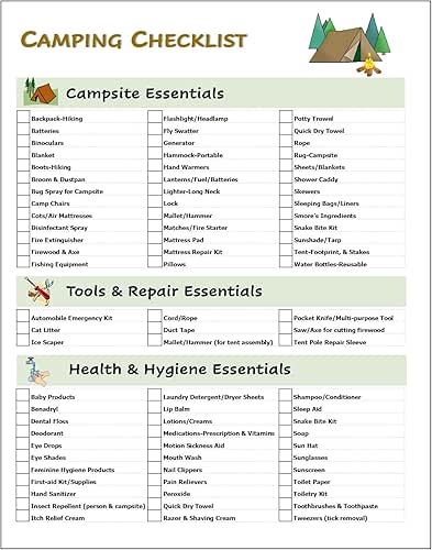 Ultimate Camping Hiking Gear Accessories Equipment Checklist -Laminated & Double