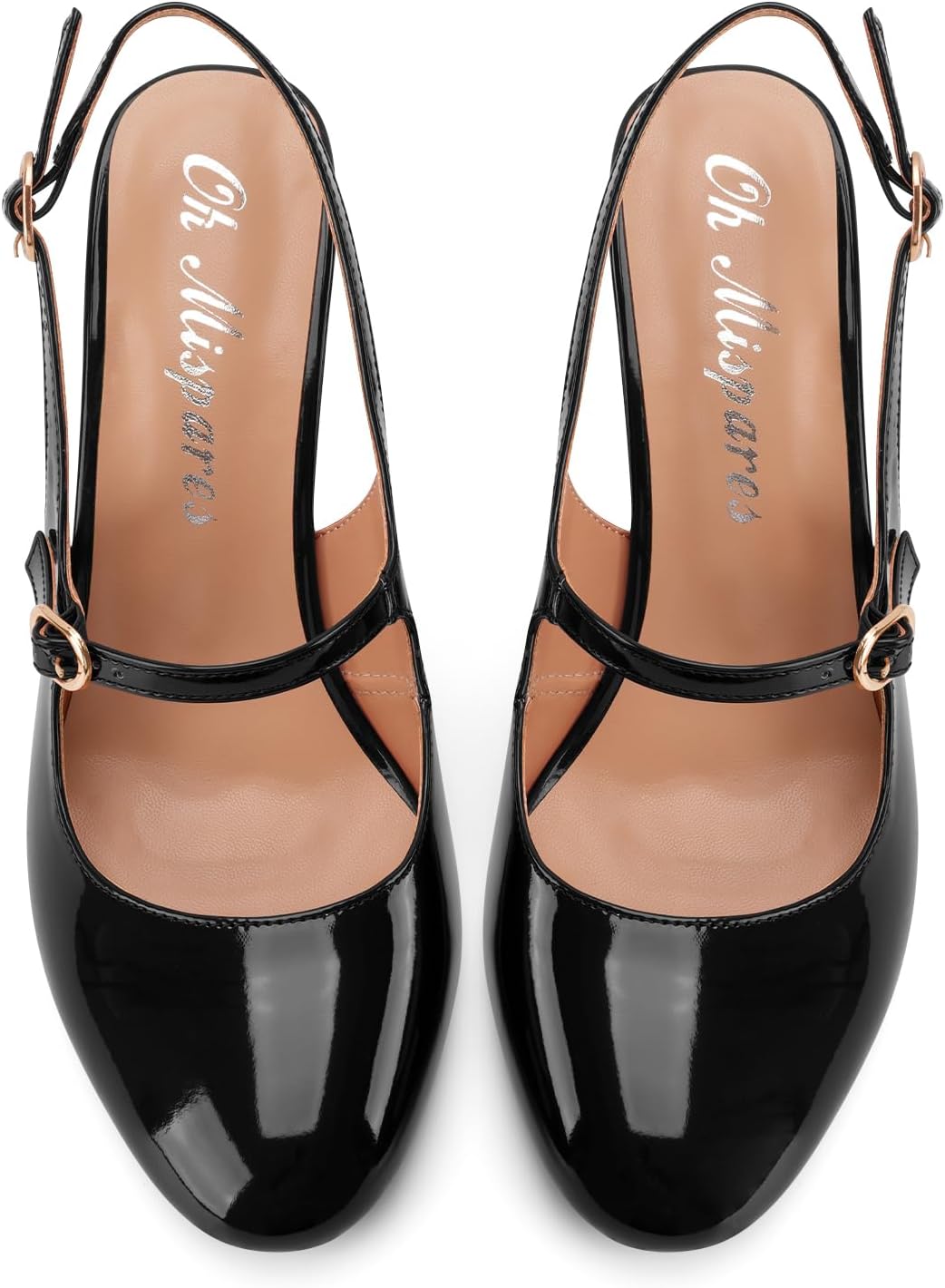 Women's Slingback Chunky Block High Heels Mary Jane Style Closed Round Toe Pumps Patent Leather Buckle Strap Dress Shoes