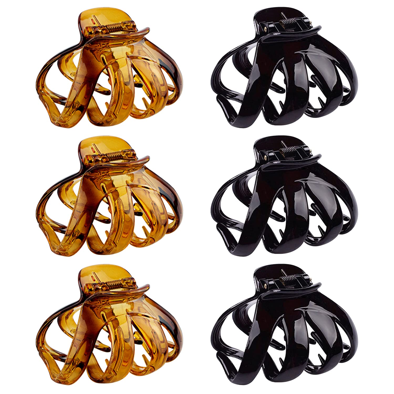 Large Octopus Hair Clips for Thick and All Hair Types, 3.2" Strong Hold Jumbo Hair Jaw Clips for Women and Girls, 6 Packs (Black & Brown)