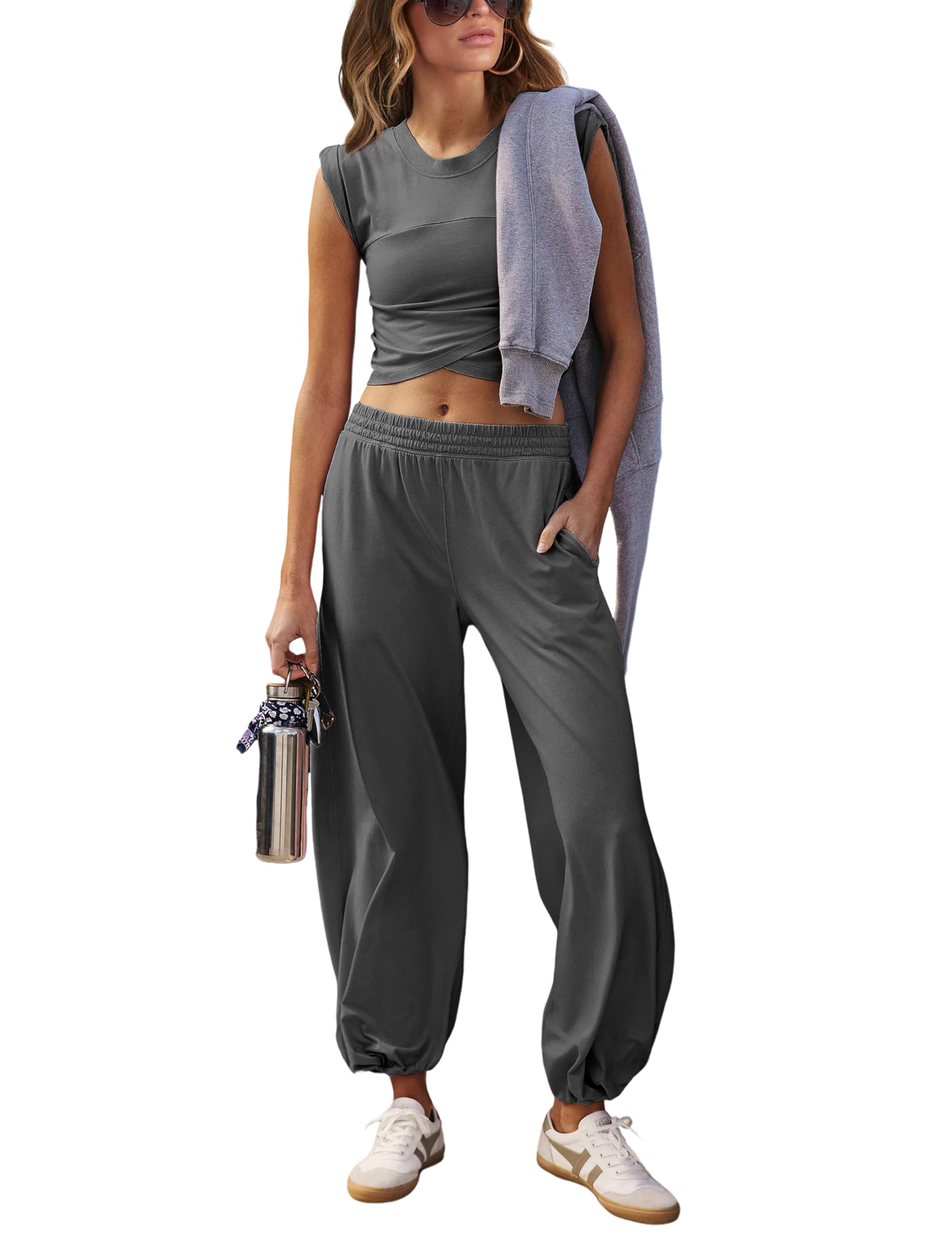 Springrain Womens Two Pieces Outfits Casual Lounge Sets Cropped Tops Sweatpants Tracksuit with Pockets