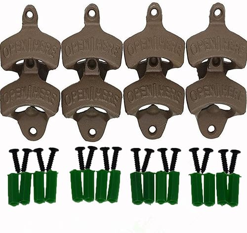 ThreadNanny Open Here - Juego de 8 abridores de botellas montados en la pared Abridor de tapas de cerveza de hierro fundido, réplica de aspecto