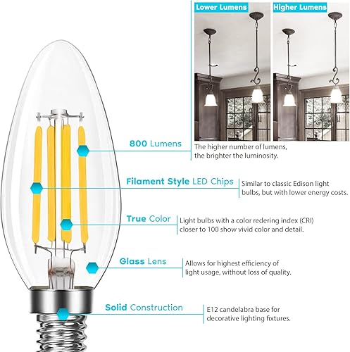 Miniatura 9 de LUXRITE Paquete de 16 bombillas LED de candelabro equivalentes a 100 W, 800 lúmenes, blanco natural de 3500 K, 7 W, bombillas B11 regulables,