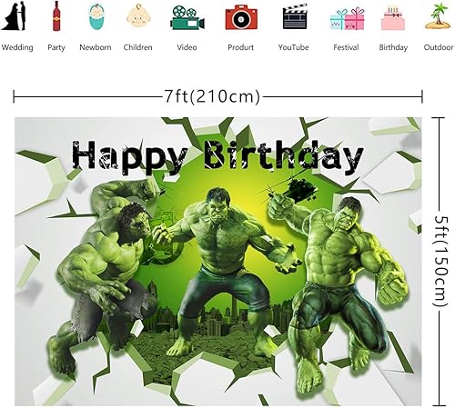 Miniatura 5 de Telón de fondo verde de 7 x 5 pies decoraciones de cumpleaños suministros de fiesta de súper ciudad Power Man para niños decoración de fotos