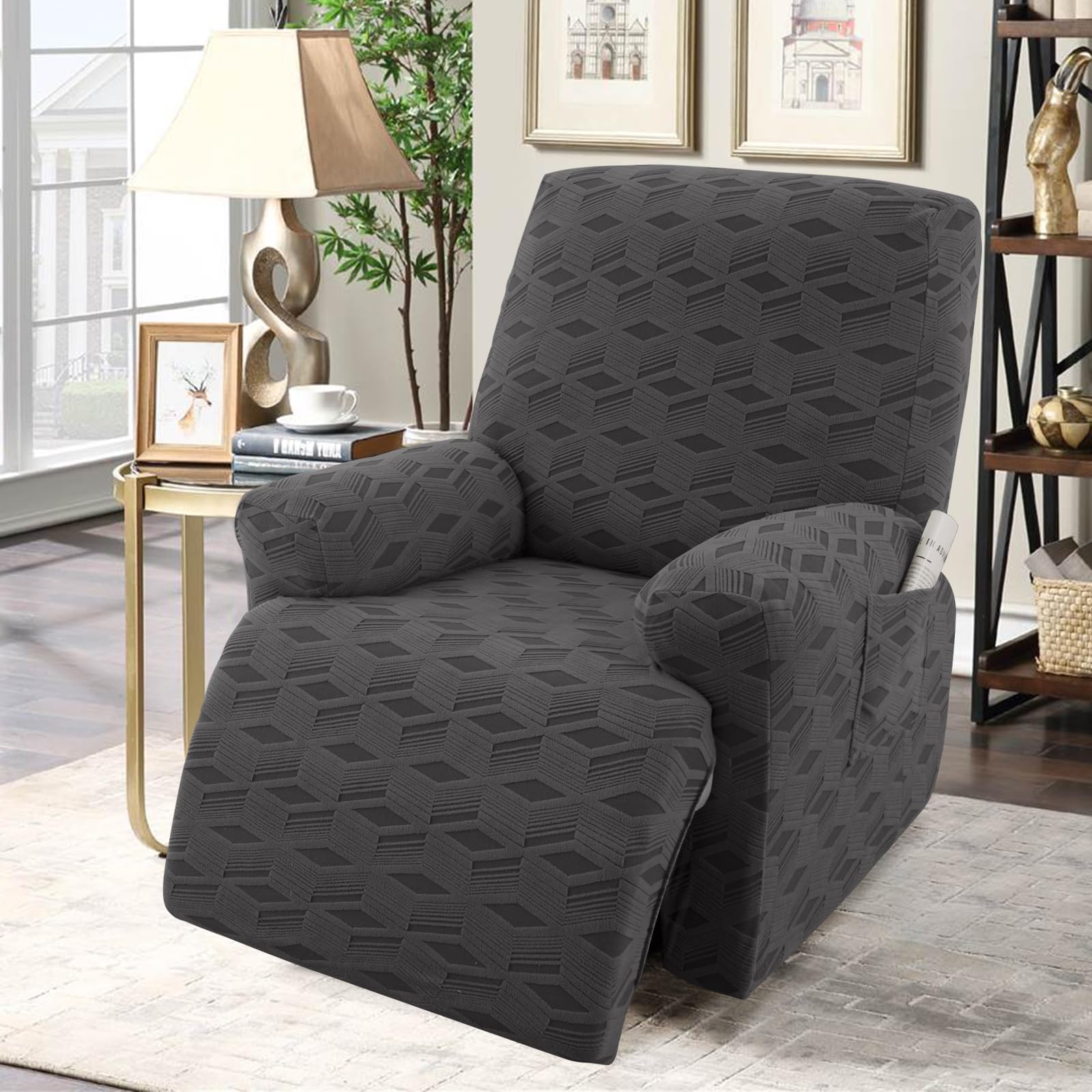 OKYUK Recliner Chair Covers - Stretch Jacquard Recliner Cover, Furniture Protector for Kids & Pets, Anti-Slip Recliner Covers with Side Pockets for Storage(Black&gray Checkered, 1 Seater) — image 1