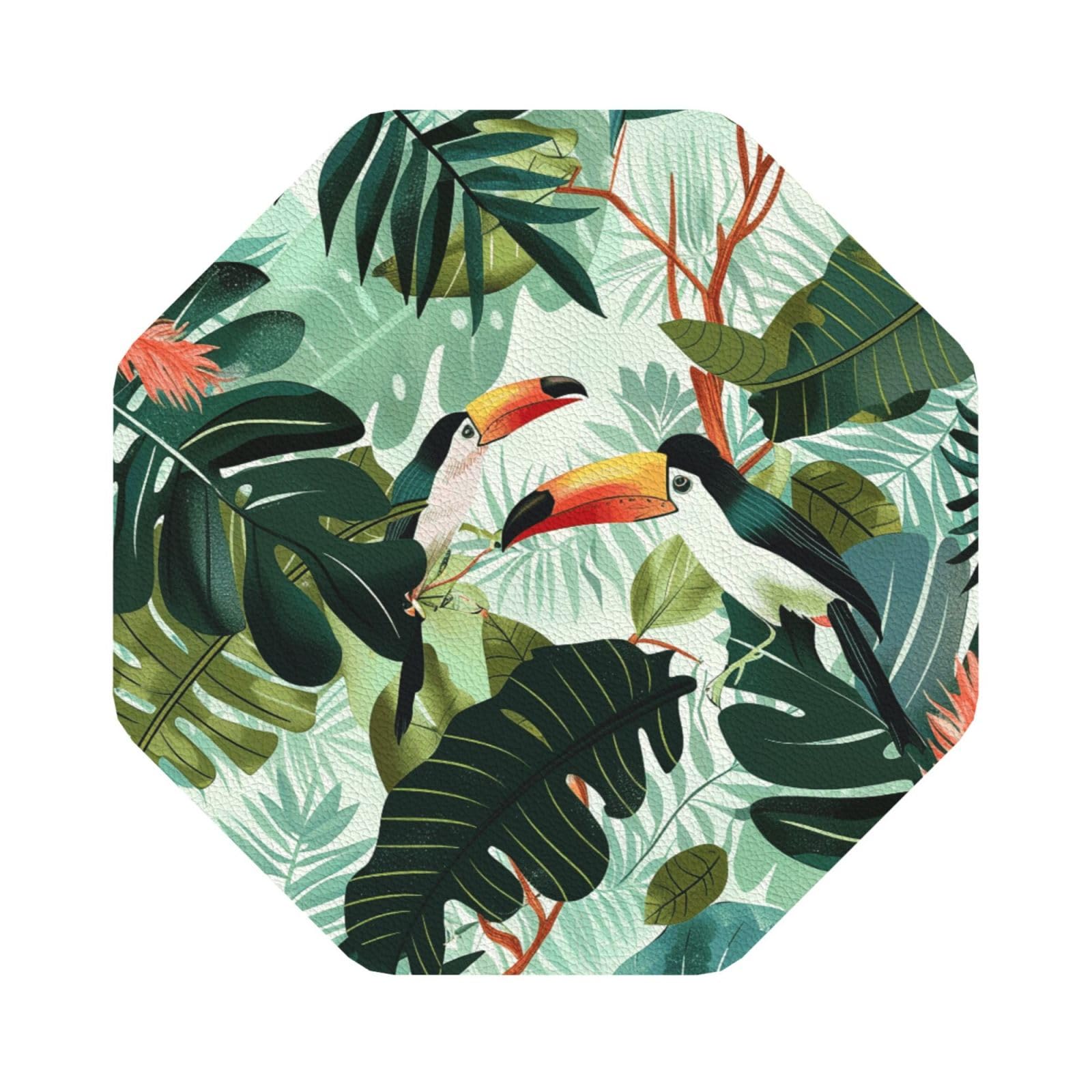 Tropical Leaves Bird Print Leather Coaster Set of 6, Octagon Coasters Table Decorative Coffee Cup Beverage Coasters Wine Beer Bar Coasters for Hot Drinks Table Protection