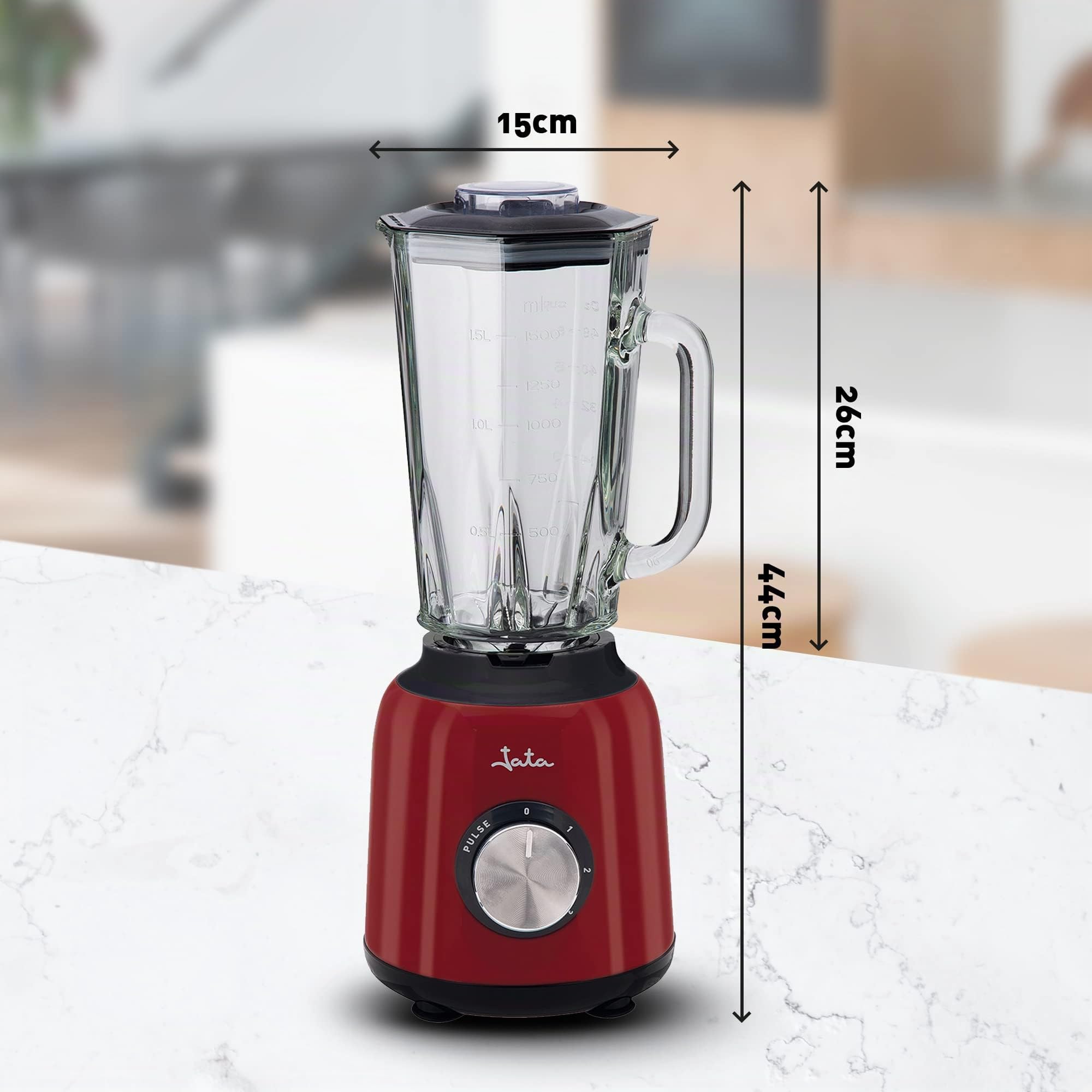 Jata BT795 - Batidora de Vaso 1200W Profesional, Motor AC 30000 RPM, Jarra de Cristal 1,5L, 6 Cuchillas Acero Inox Combi, 3 Velocidades + Pulse, Pica Hielo