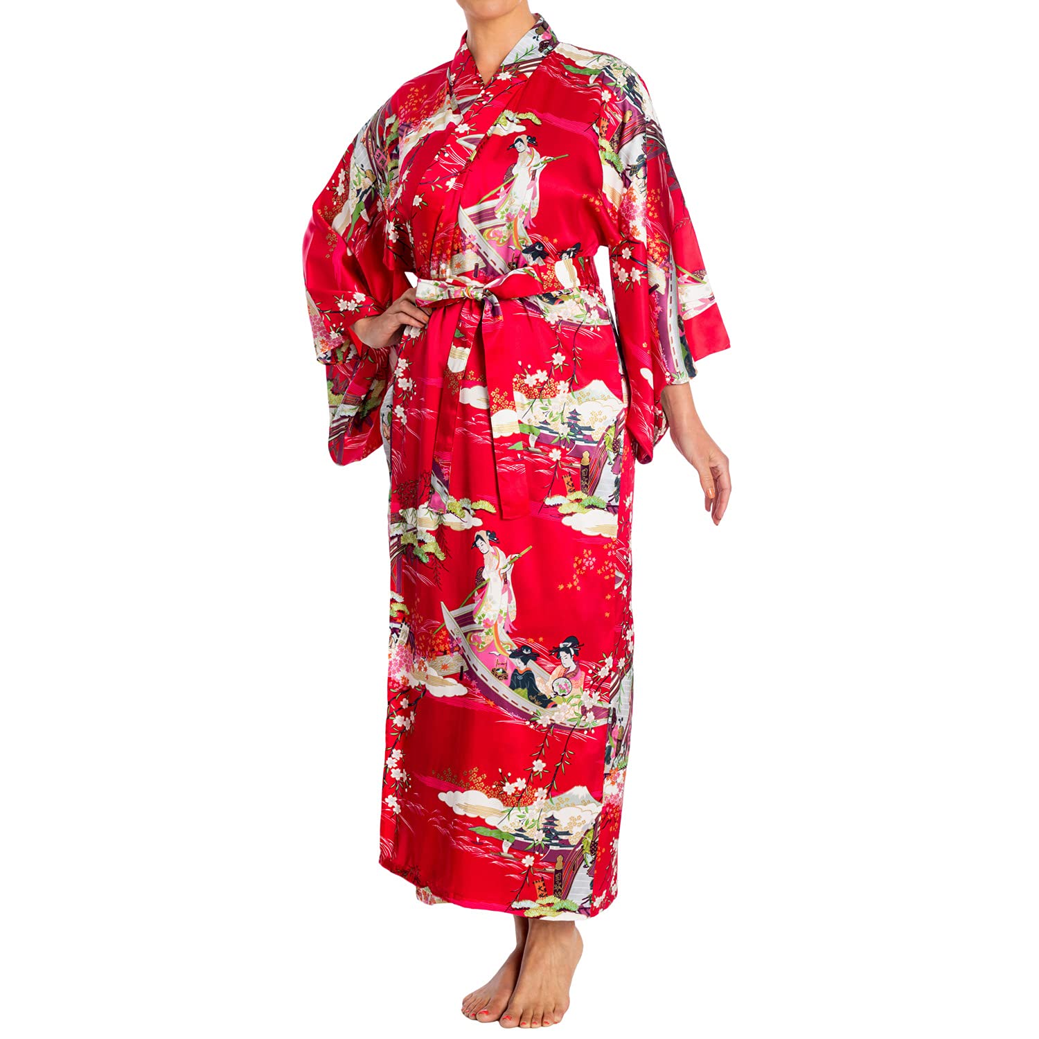 The Japanese Shop Women's Red Silk Ukiyoe Print Long Authentic Japanese Kimono