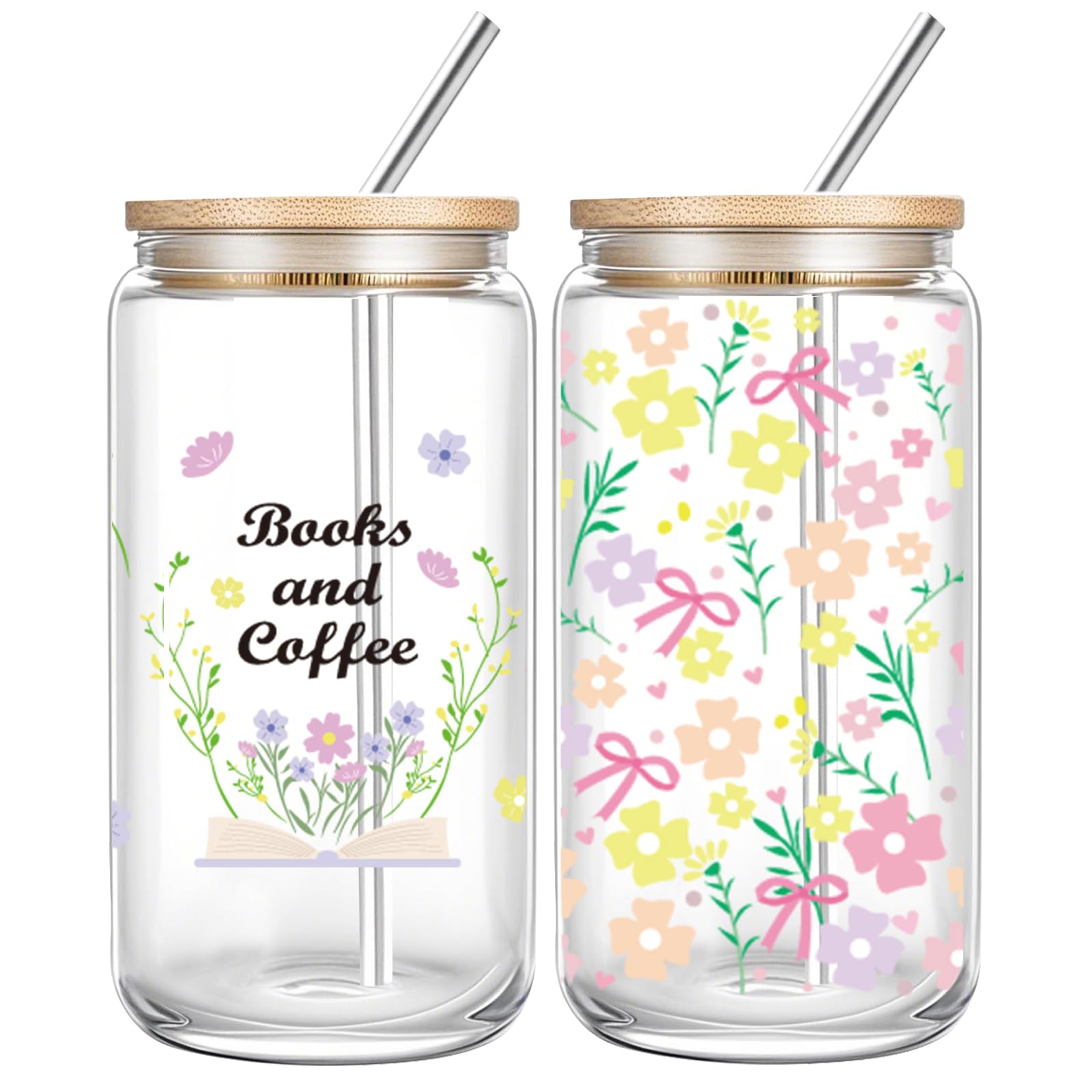 DHQH 2 PCS Book Lovers Gifts, 16 oz Cute Flower Glass Cups with Lids and Straws, Reading Birthday Gifts for Book Lovers