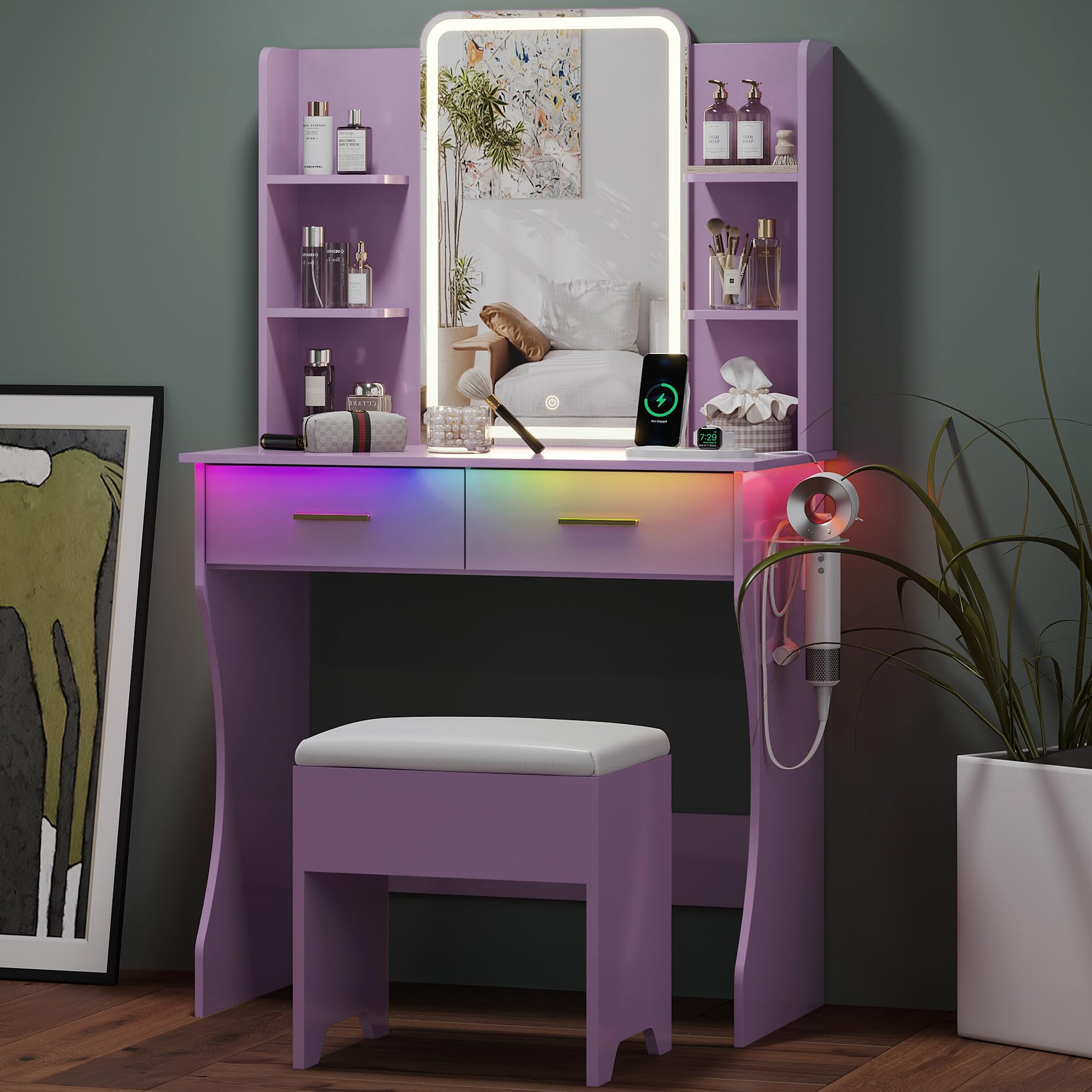 HUANLEGO Small Vanity Desk with Mirror and Lights