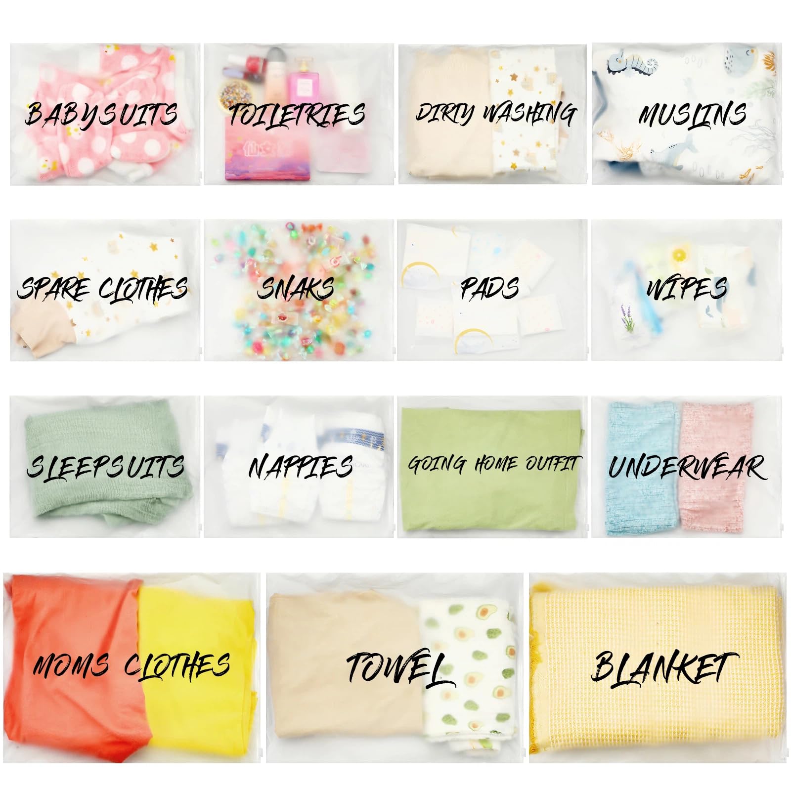 15 Pcs Hospital Bags for Labor and Delivery Resealable Birth Hospital Bag Essentials Frosted Clear Mommy Maternity Bag for Newborn Baby Shower Diaper Mom Gift Organizing