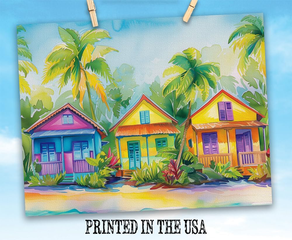 Tropical Trio Watercolor Beach House Painting 18x24 Canvas Poster - Coastal Island Paradise Palm Trees Colorful Vibrant Summer Vacation Home Beach Scene Oceanfront Seaside Living Room Bathroom Décor