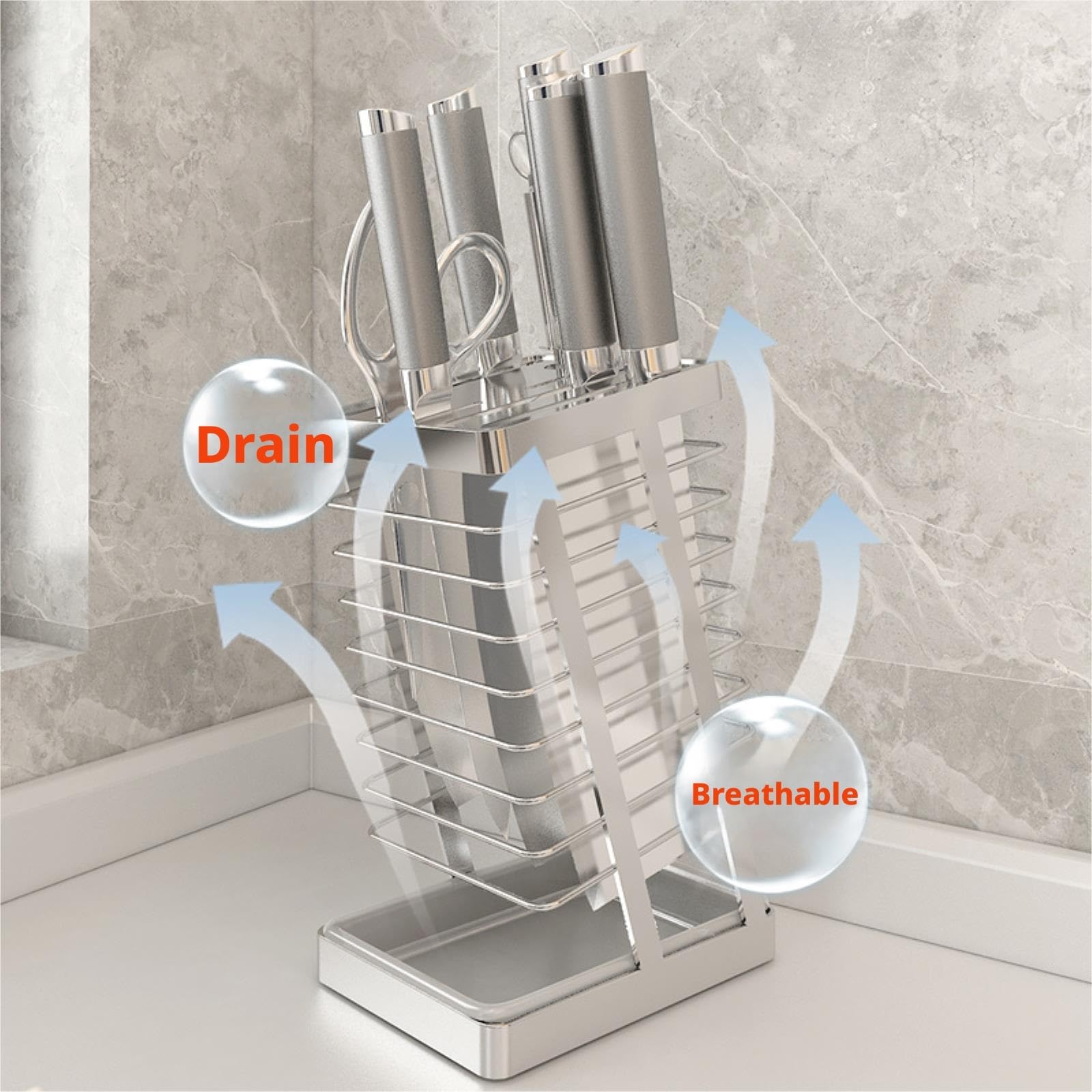 Soporte Cuchillos Cocina sin Cuchillos Portacuchillos De Acero Inoxidable Con Múltiples Ranuras Y Bandeja Drenaje Extraíble Knife Block