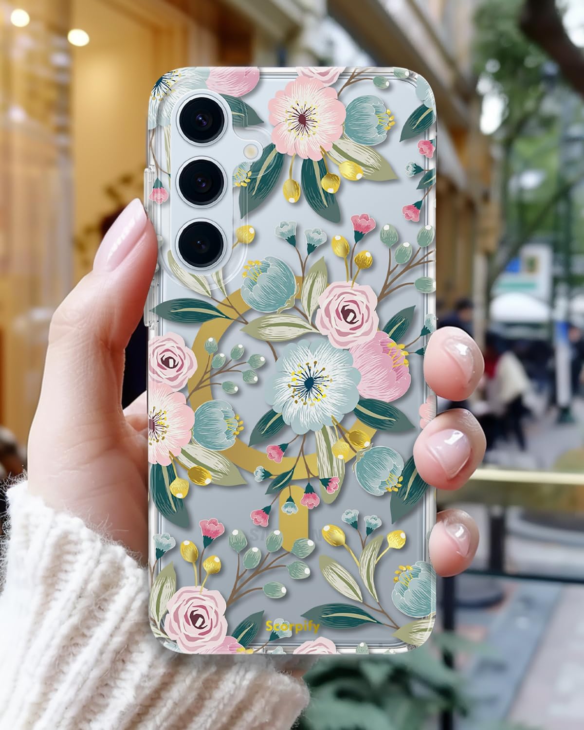SCORPIFY Compatible with Samsung Galaxy S25 Case [Compatible with MagSafe] for Hibiscus Floral Design, Cute Magnetic Clear Flower Phone Cover for Women Girls, Gold Accents